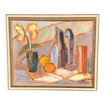 Original Swedish Oil on Canvas – “Tabletop” by Gösta Falck – Signed – Vintage & Framed – 52 × 43 cm (20.5" × 16.9")