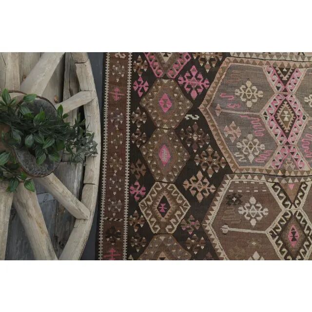 Vintage Turkish Oushak Handmade Wool Cotton Brown Runner Rug 188x416