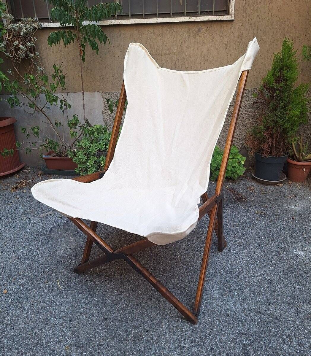 Fauteuil pliant modèle Tripolina en bois, fer et tissu pour Citterio, années 1970.