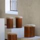 Set of 4 sculptural French Art Deco stools in wood and lamb's wool, 1940s.