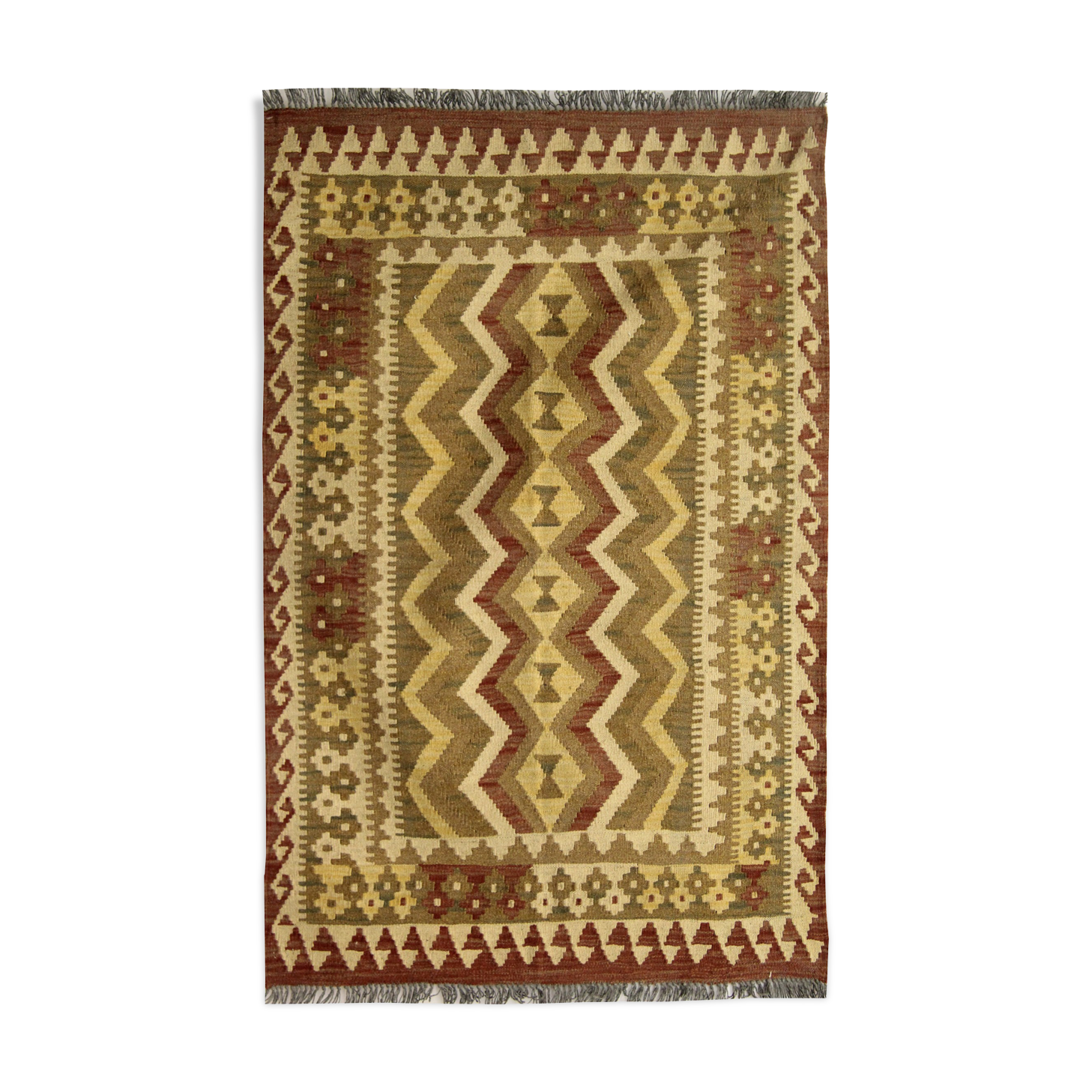 Geometric kilim rug, brown cream handmade flat-weave rug102x152cm