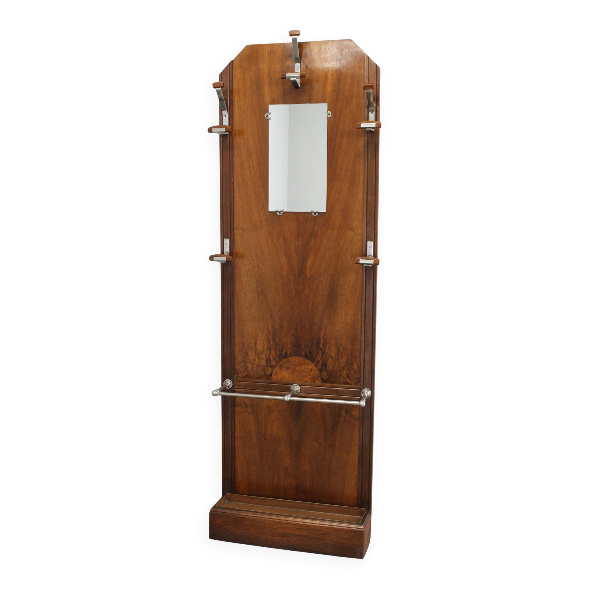 Portemanteau Art déco tchécoslovaque en noyer avec miroir, années 1930