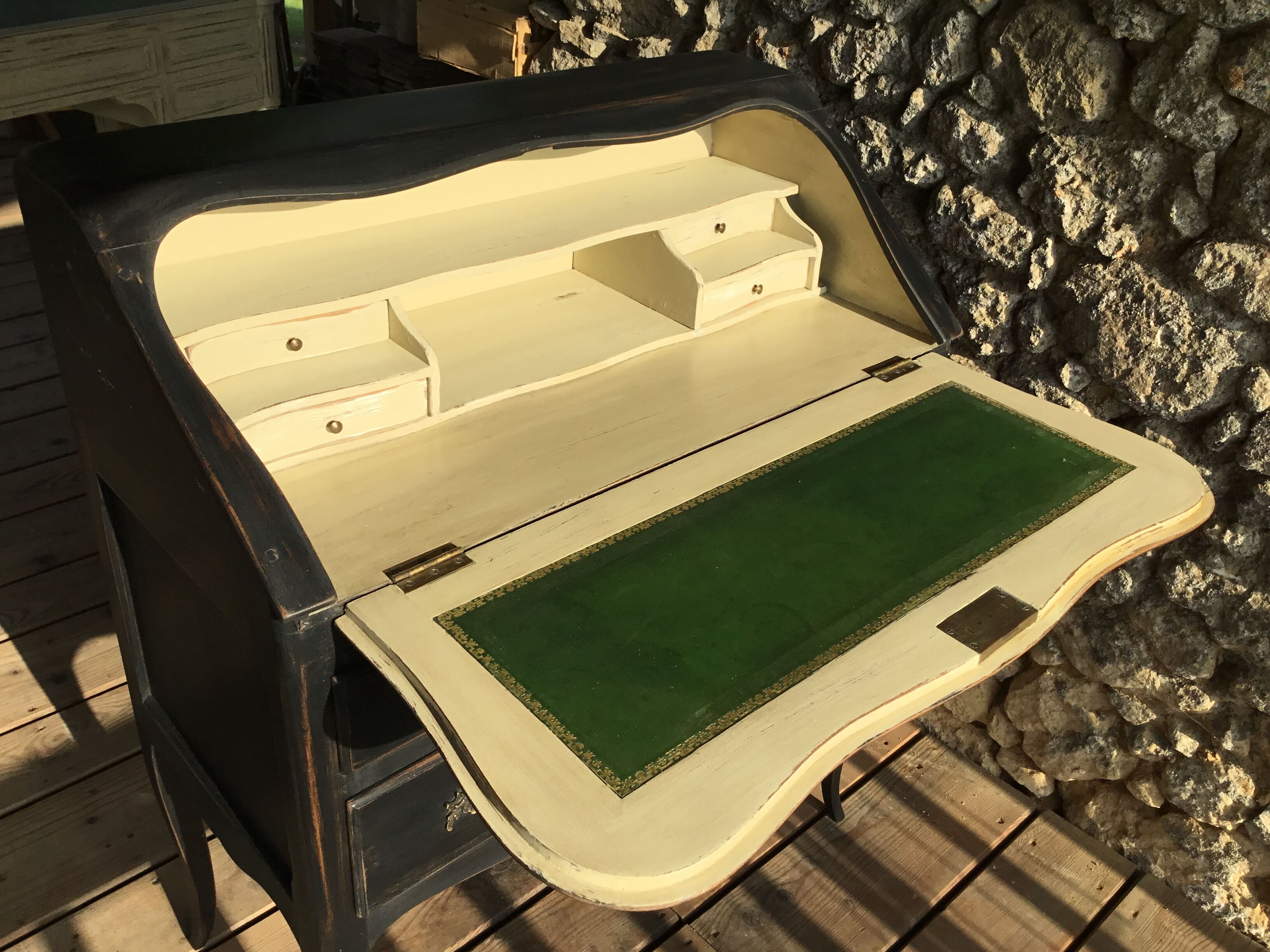 Louis XV style scriaban lacquered black and beige inside