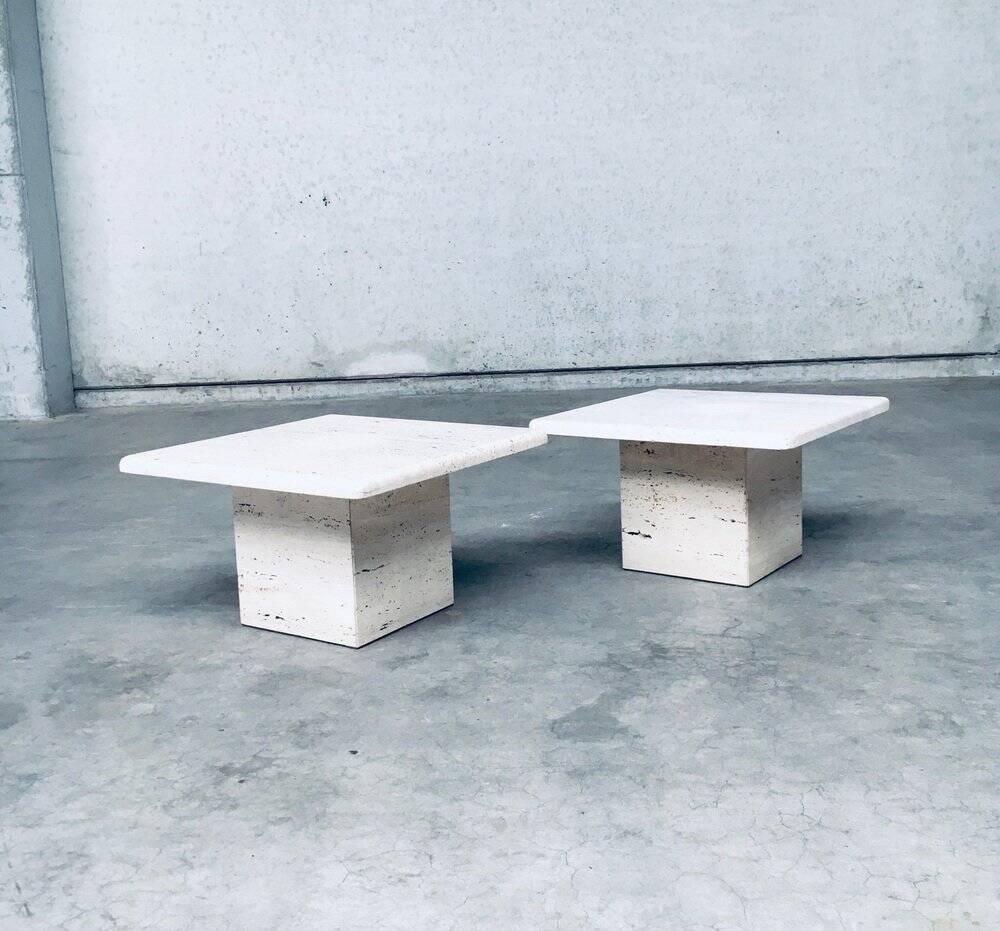 Italian Travertine Square Side End Table, 1970s, Set of 2