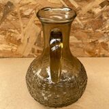 Antique Pitcher Carafe Molded Glass Smoked Grey Flower Decor Relief Vintage