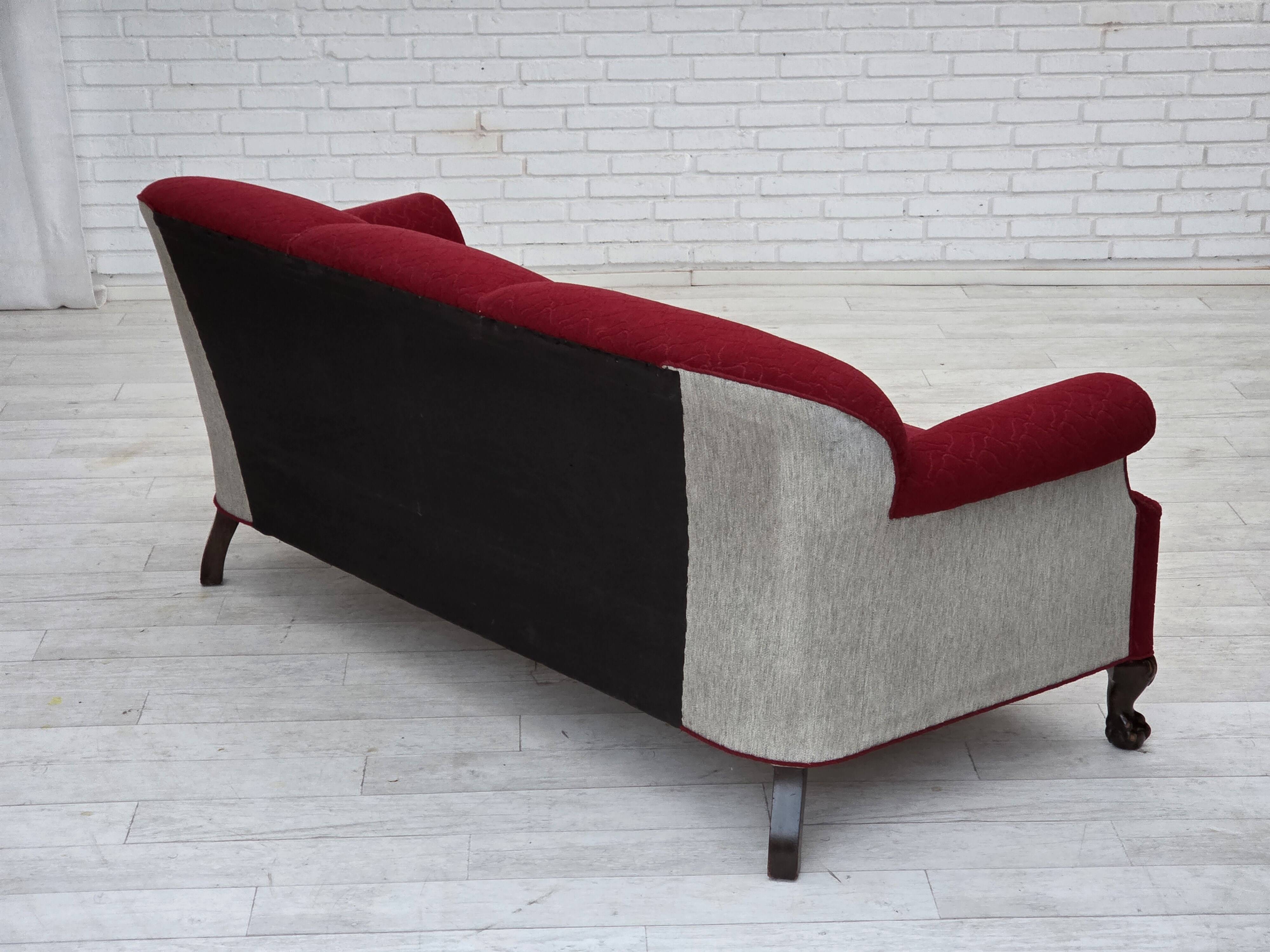 1950s, Danish 3-seater sofa, red and light grey furniture wool, oak wood.