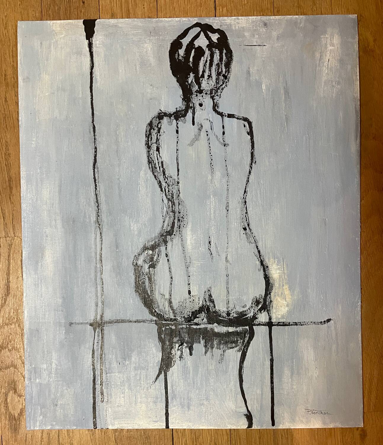 Signed oil on canvas painting of a female portrait "back study in Indian ink"