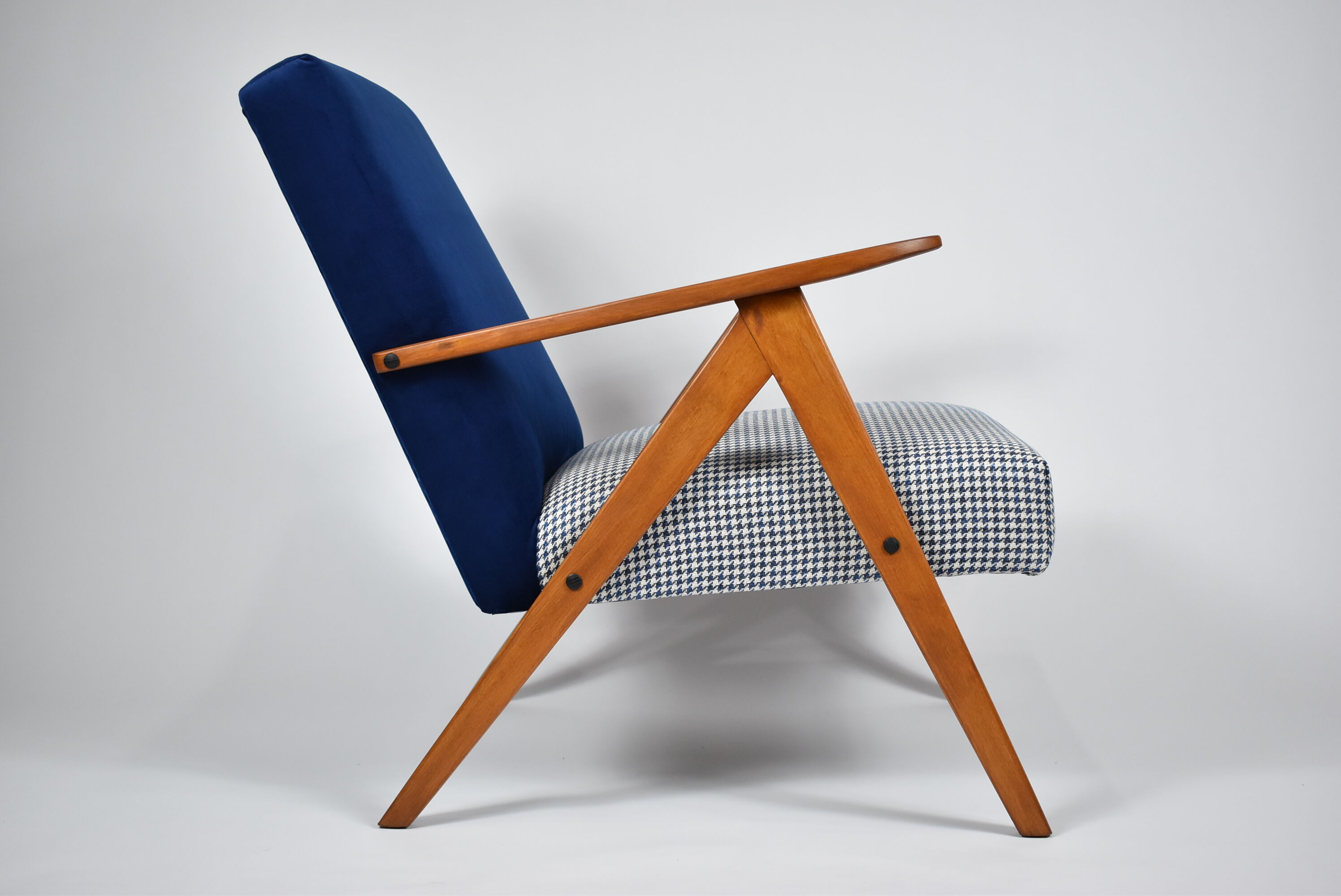 Vintage original 60s armchair, refstored, blue velvet, poule fabric