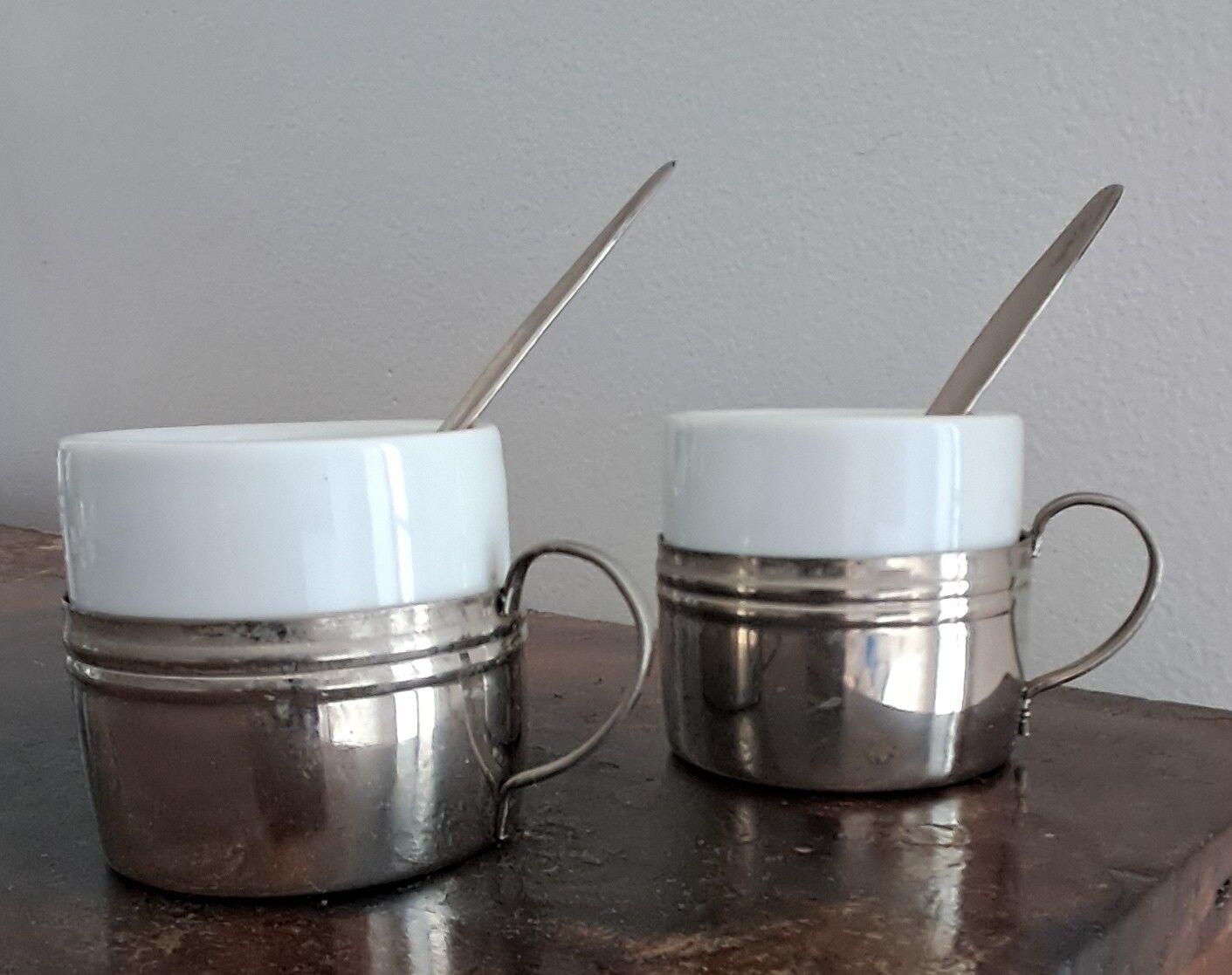 Vintage espresso cups. Porcelain and removable metal stand.