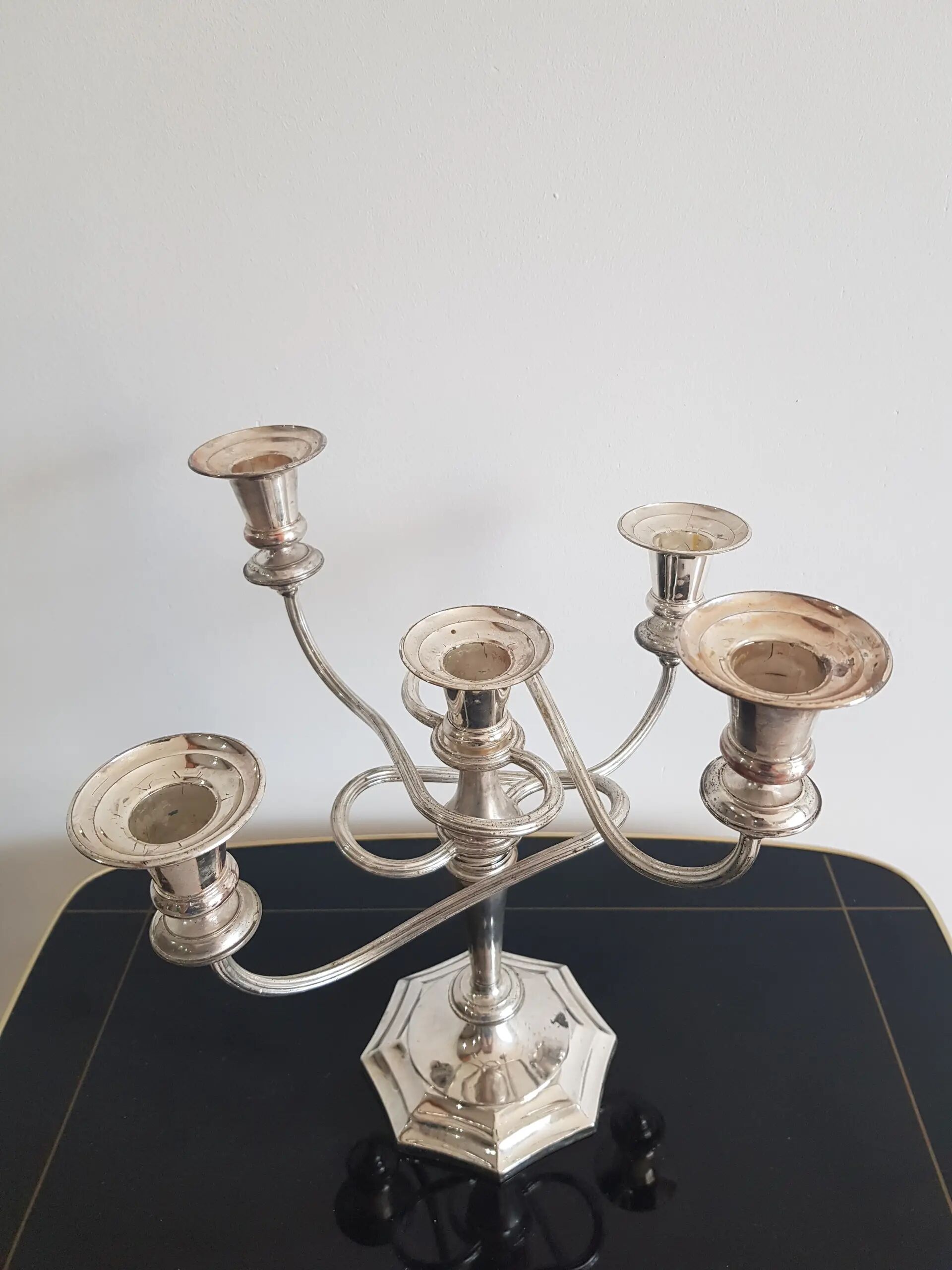 Five-branch chandelier, silvered, silver-plated brass, Italy, 1960s.