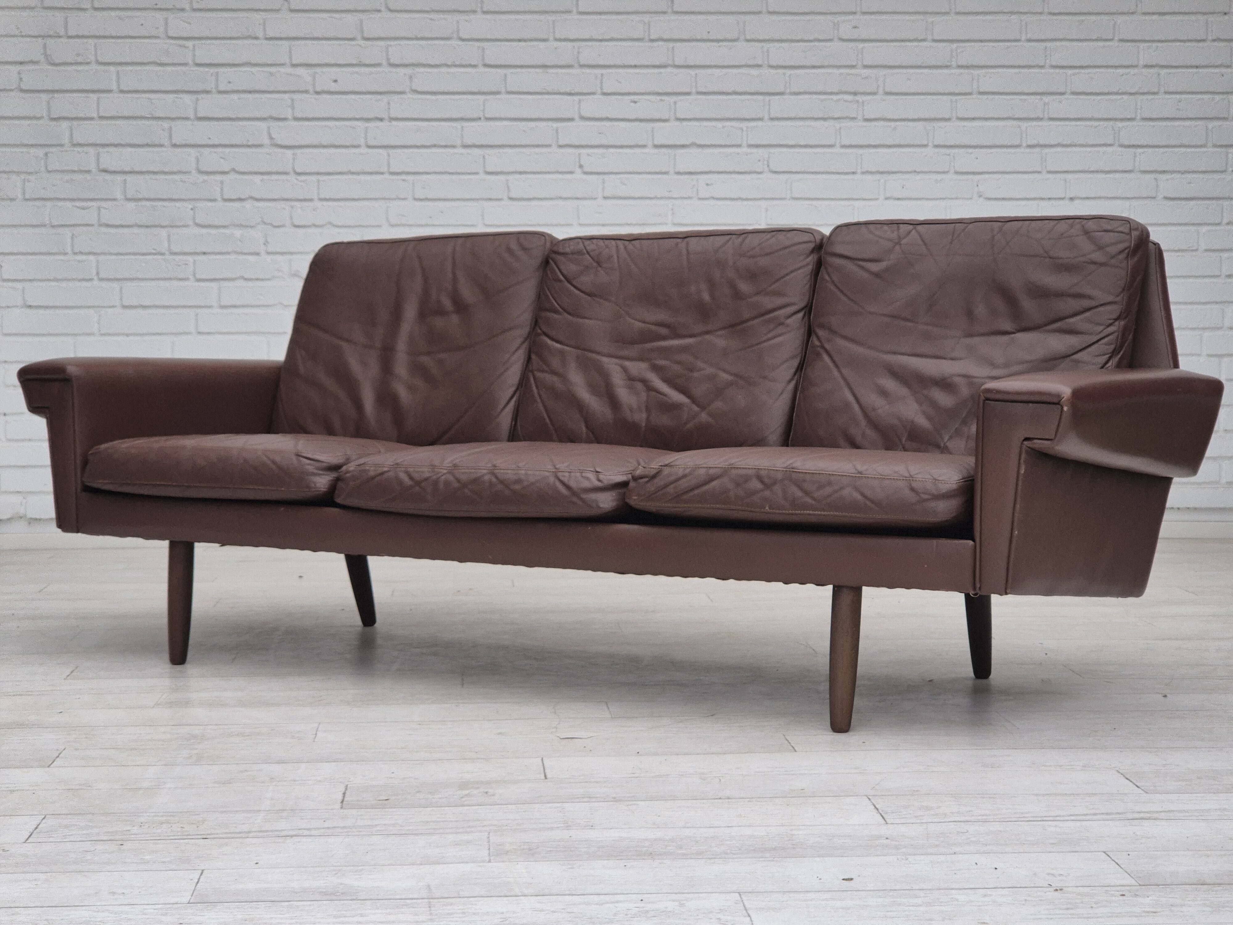 1970s, Danish 3-seater sofa, original brown leather.