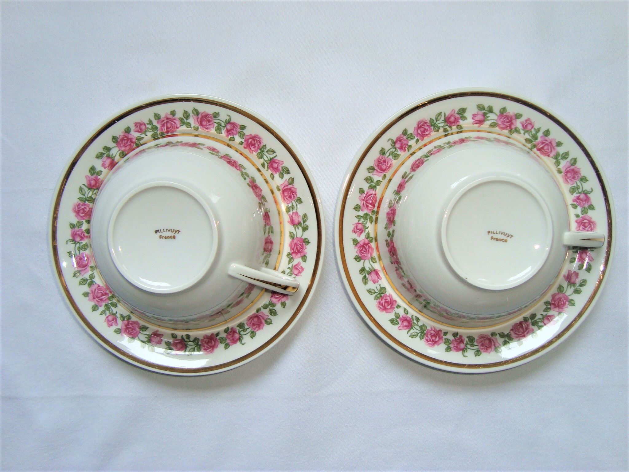 Tea Cups + Saucers Porcelain Pillivuyt White Small Pink Flowers