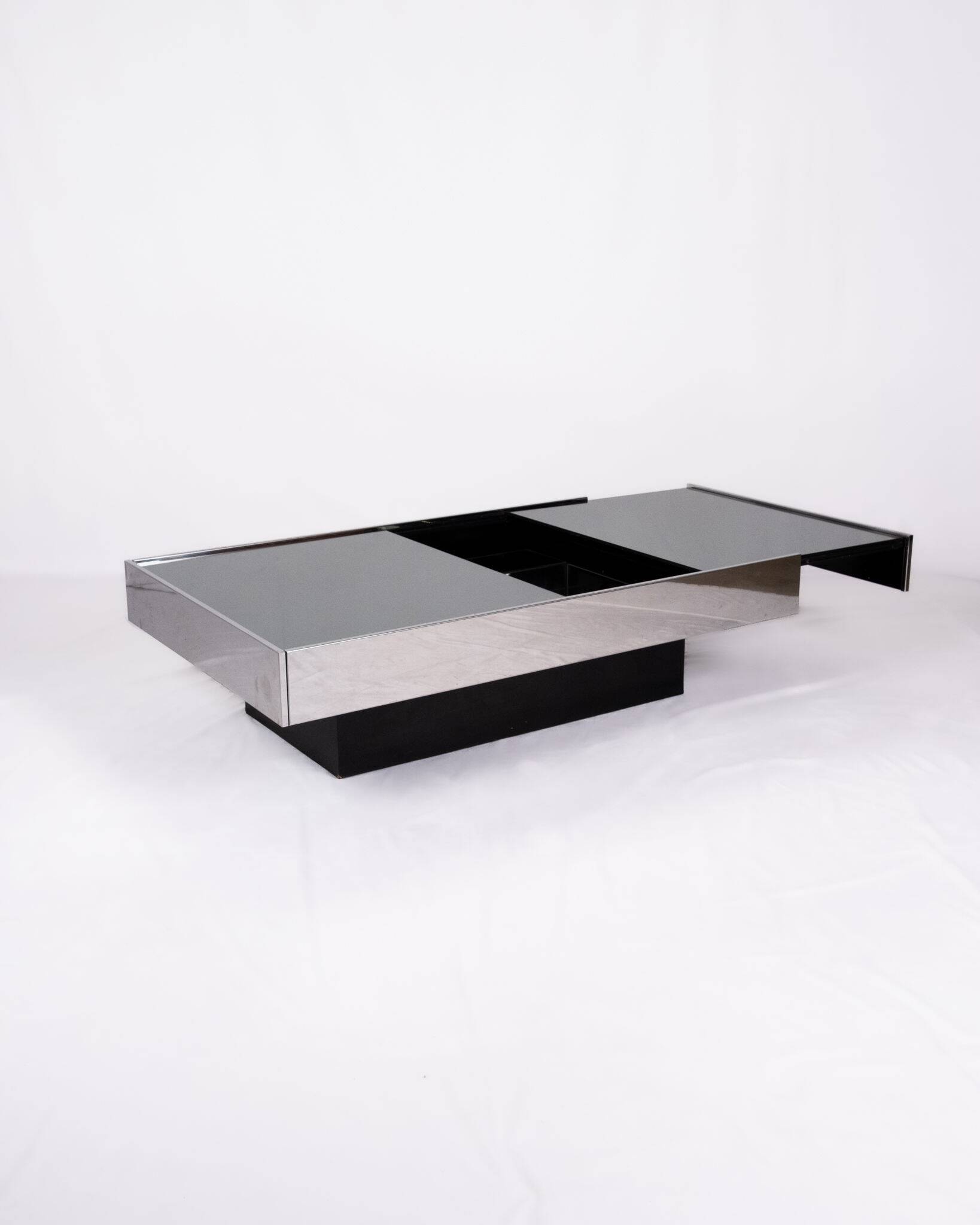 Mirror coffee table with bar, Willy Rizzo for Cidue, Italy, 1970s
