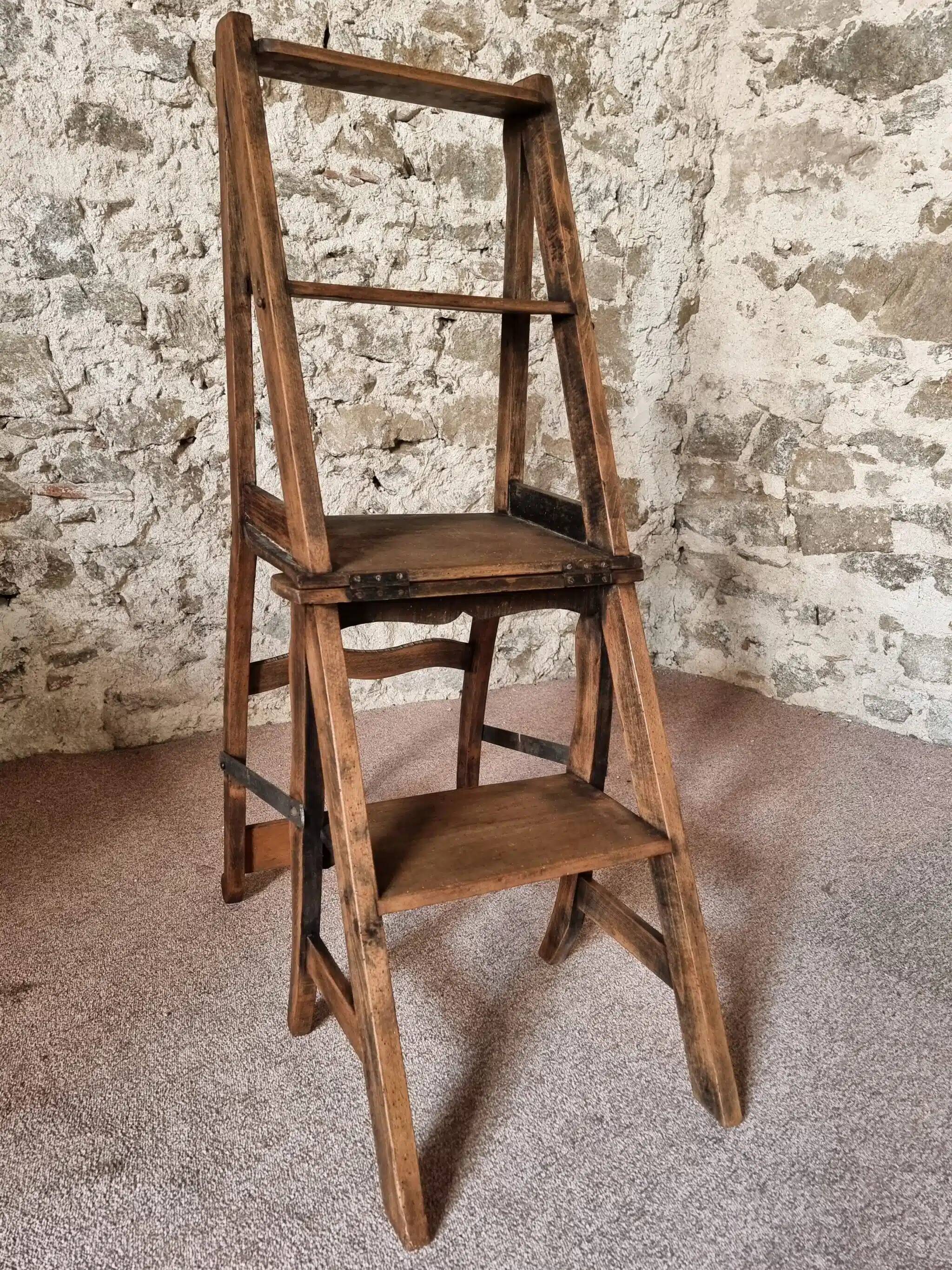 Chaise échelle de bibliothèque en chêne français antique – Tabouret escamotable