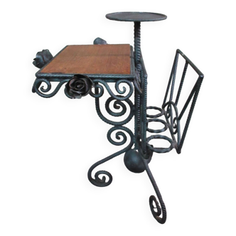 Magazine holder side table in wrought iron art-deco style