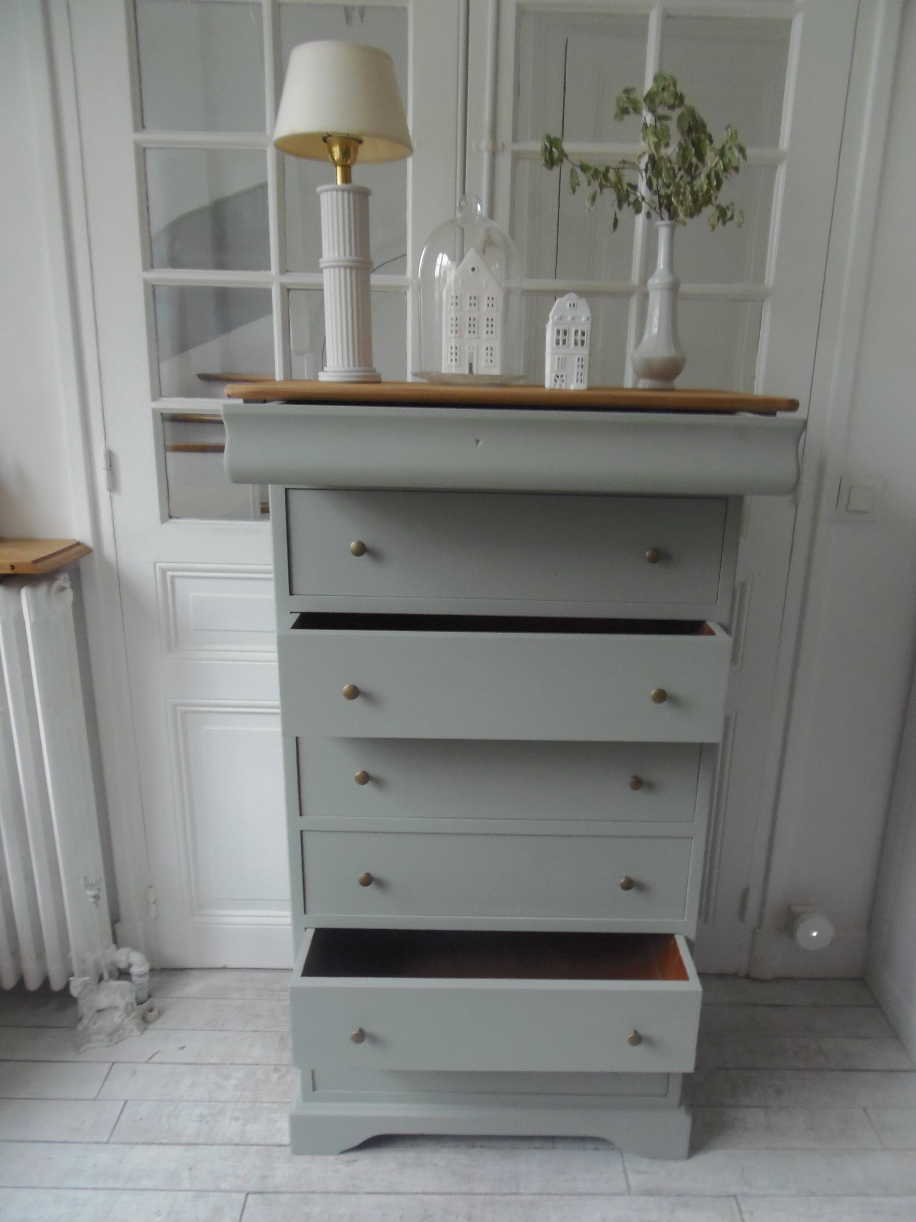 Louis Philippe style chest of drawers, 7 drawers, in verdigris, wooden top