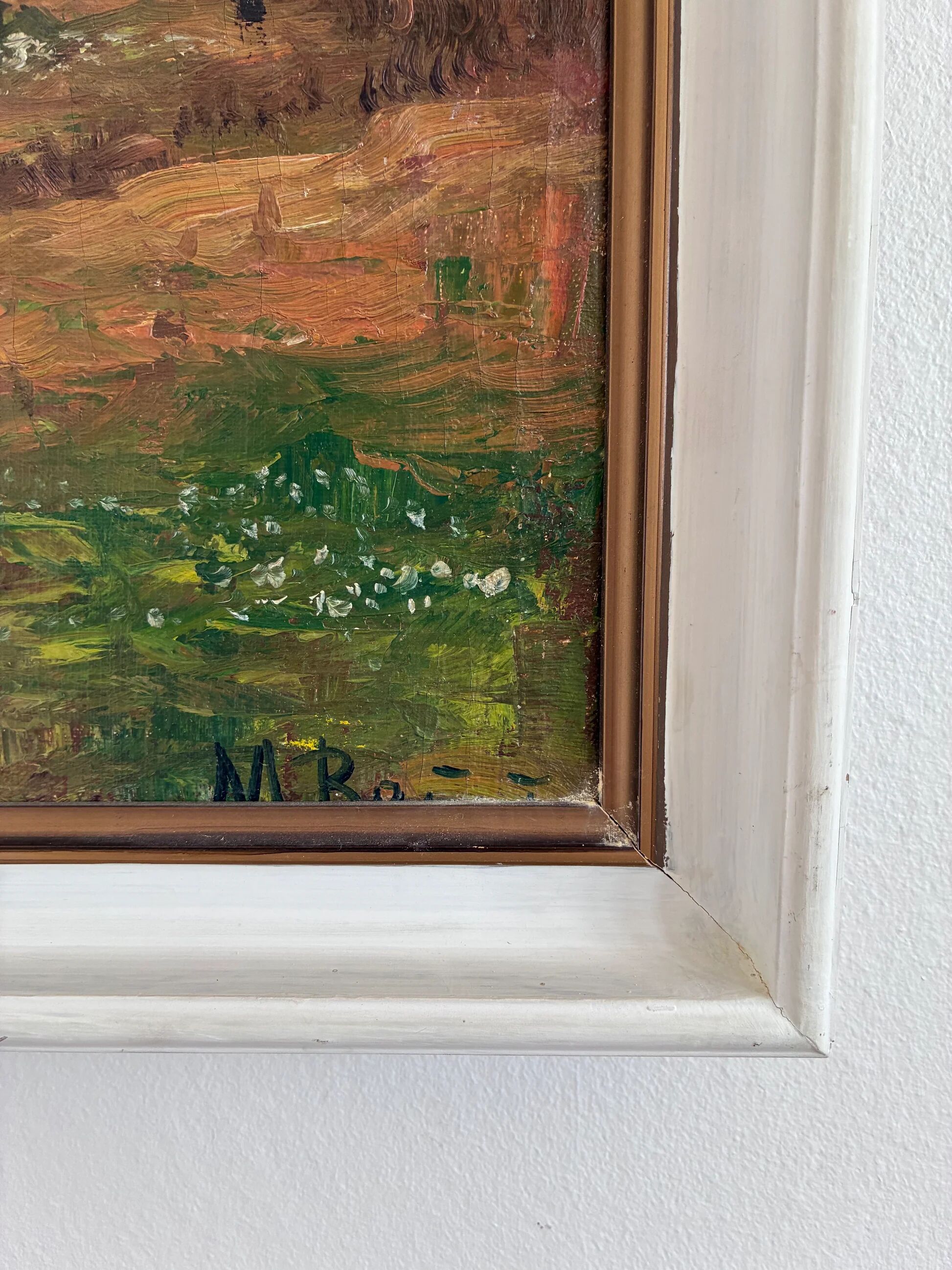 Vintage original forest landscape oil painting, circa 1960s