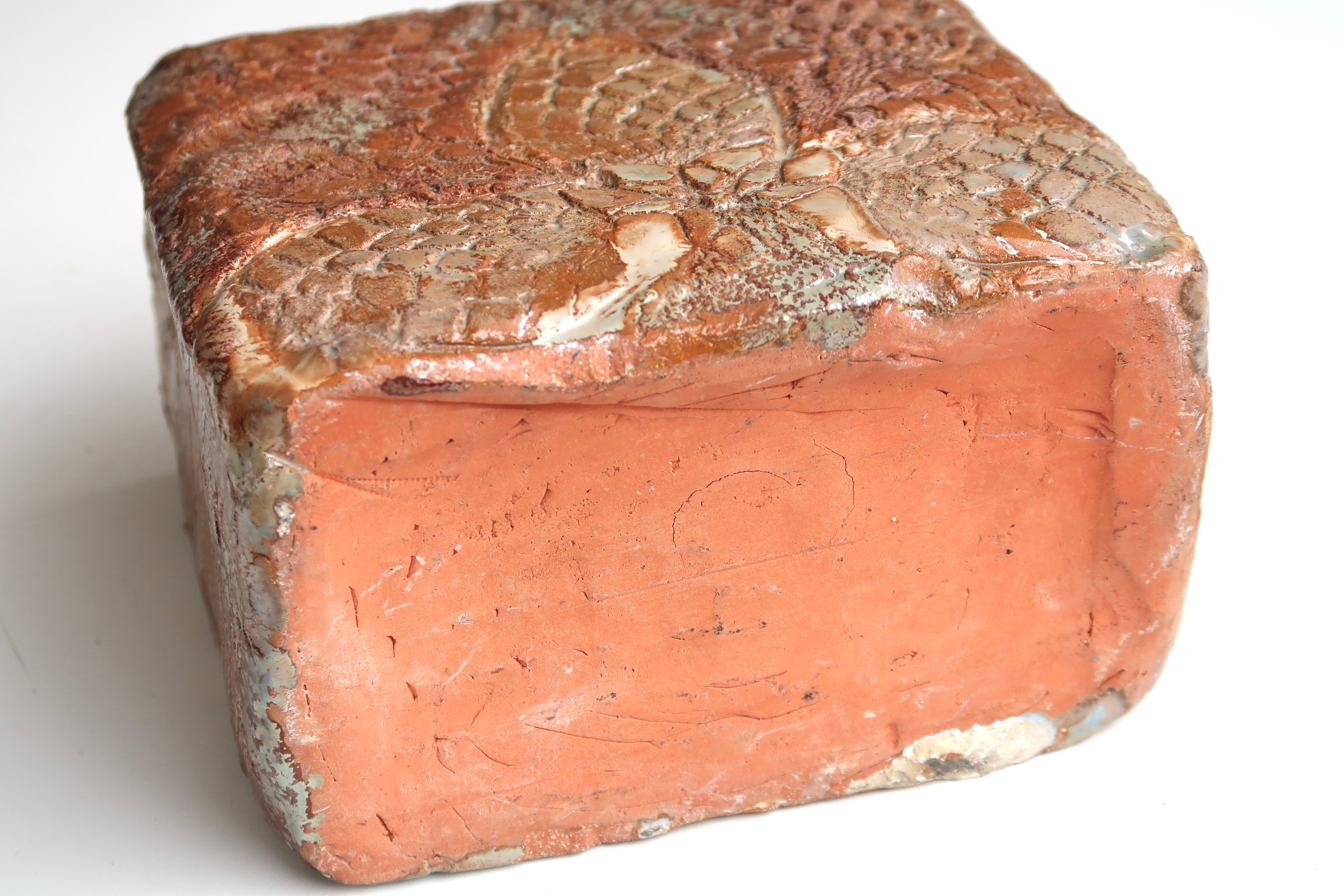 Rectangular ceramic vase, abstract decoration in relief, 70s