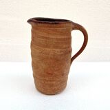 Vintage Brutalist Pitcher Pot in Ochre Brown Stoneware Handmade Signed Carafe