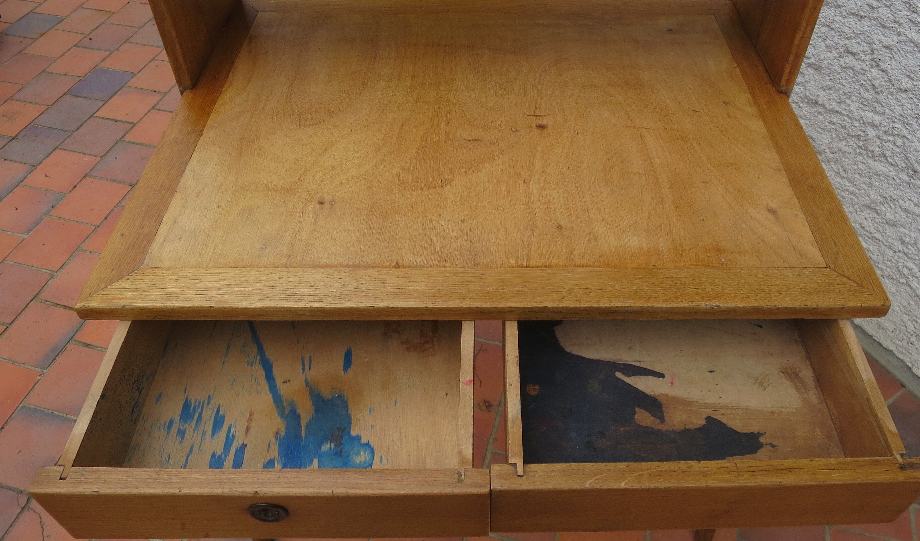 Bureau vintage pieds compas bois massif étagères
