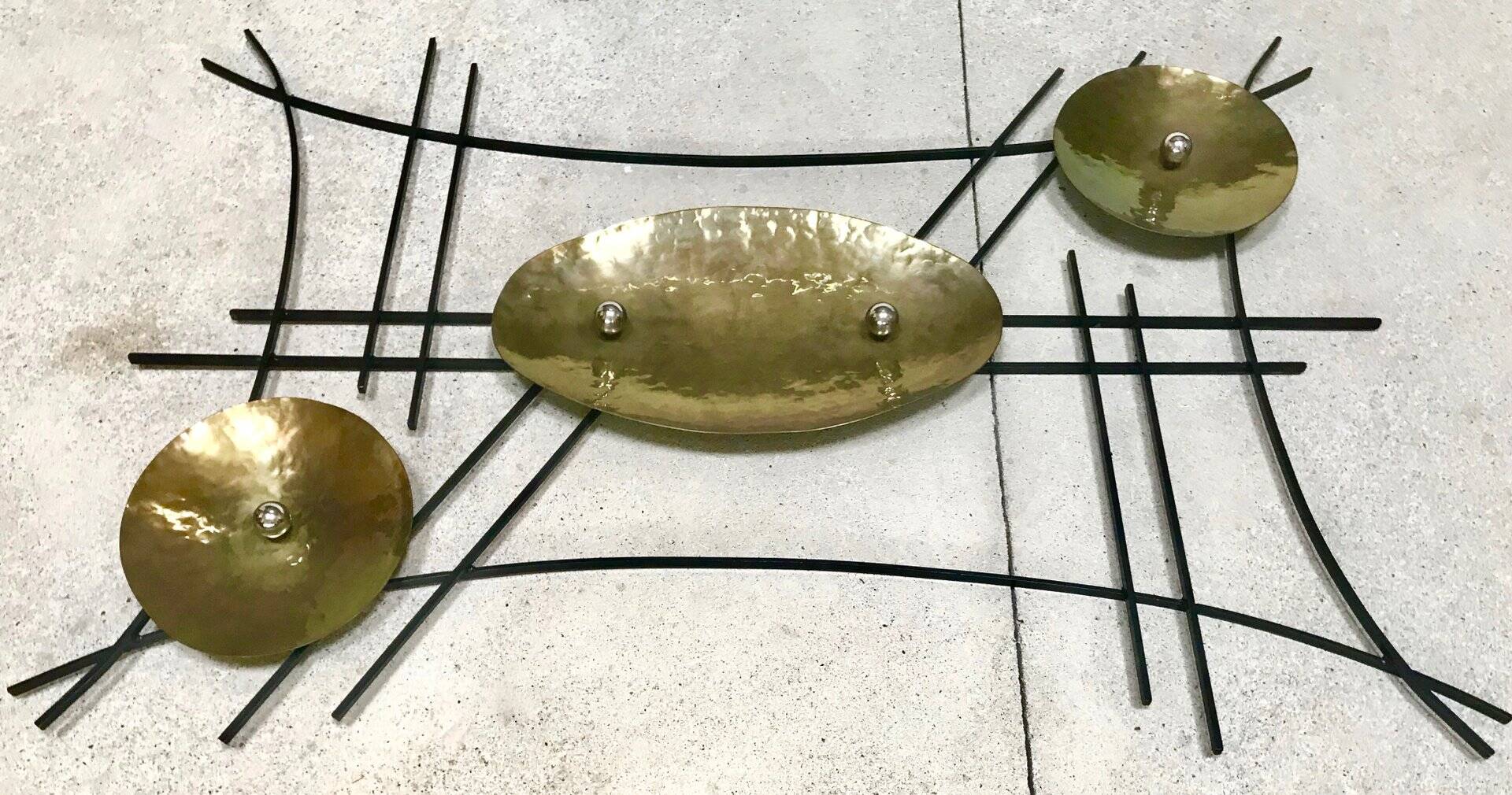 Large sculptural wall relief in wrought iron & brass , GDR / Germany 1950s