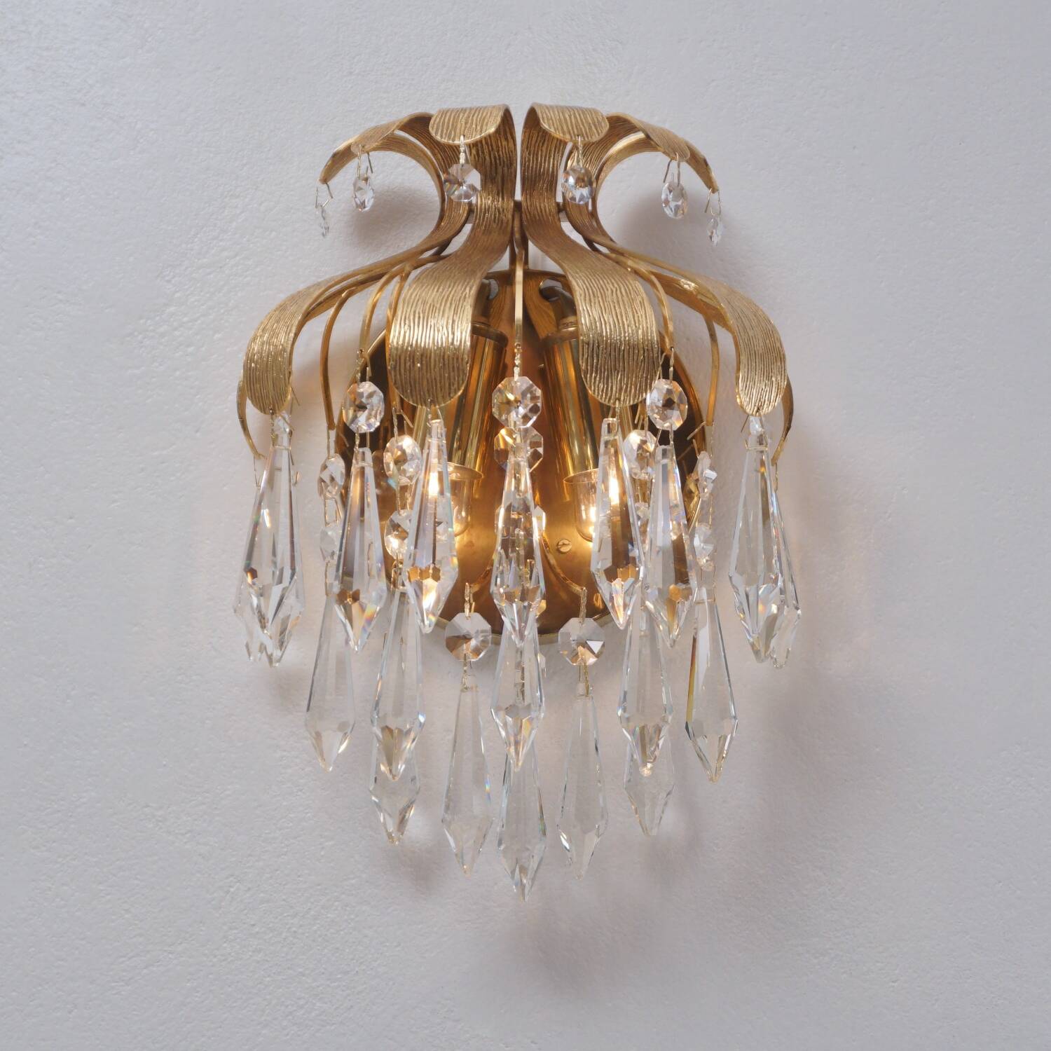 Palwa crystal pair wall lights sconces by Ernst Palme, brass pineapple, 1960`s, German