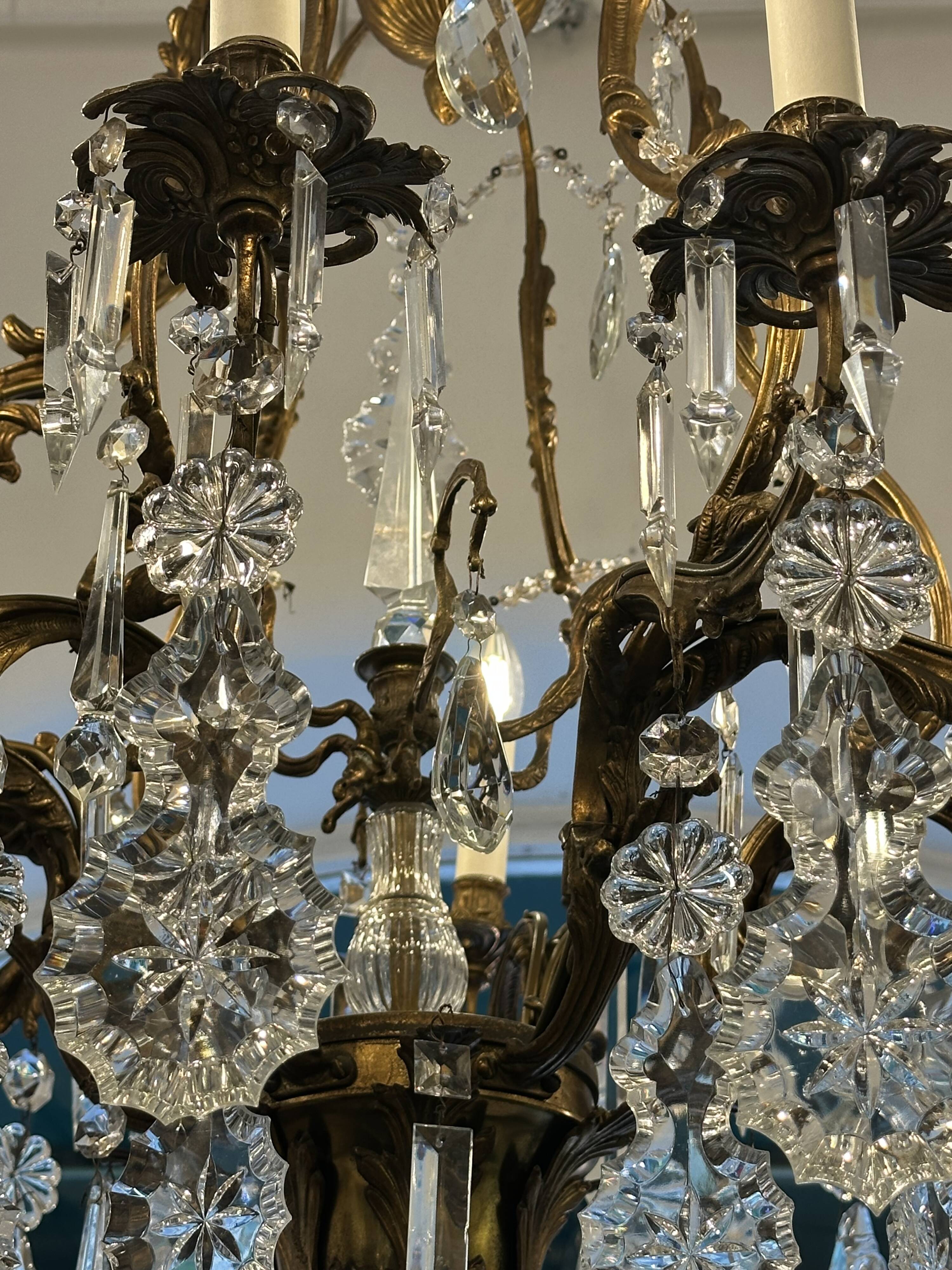 Italian 1940’s Bronze brass and Crystal chandelier
