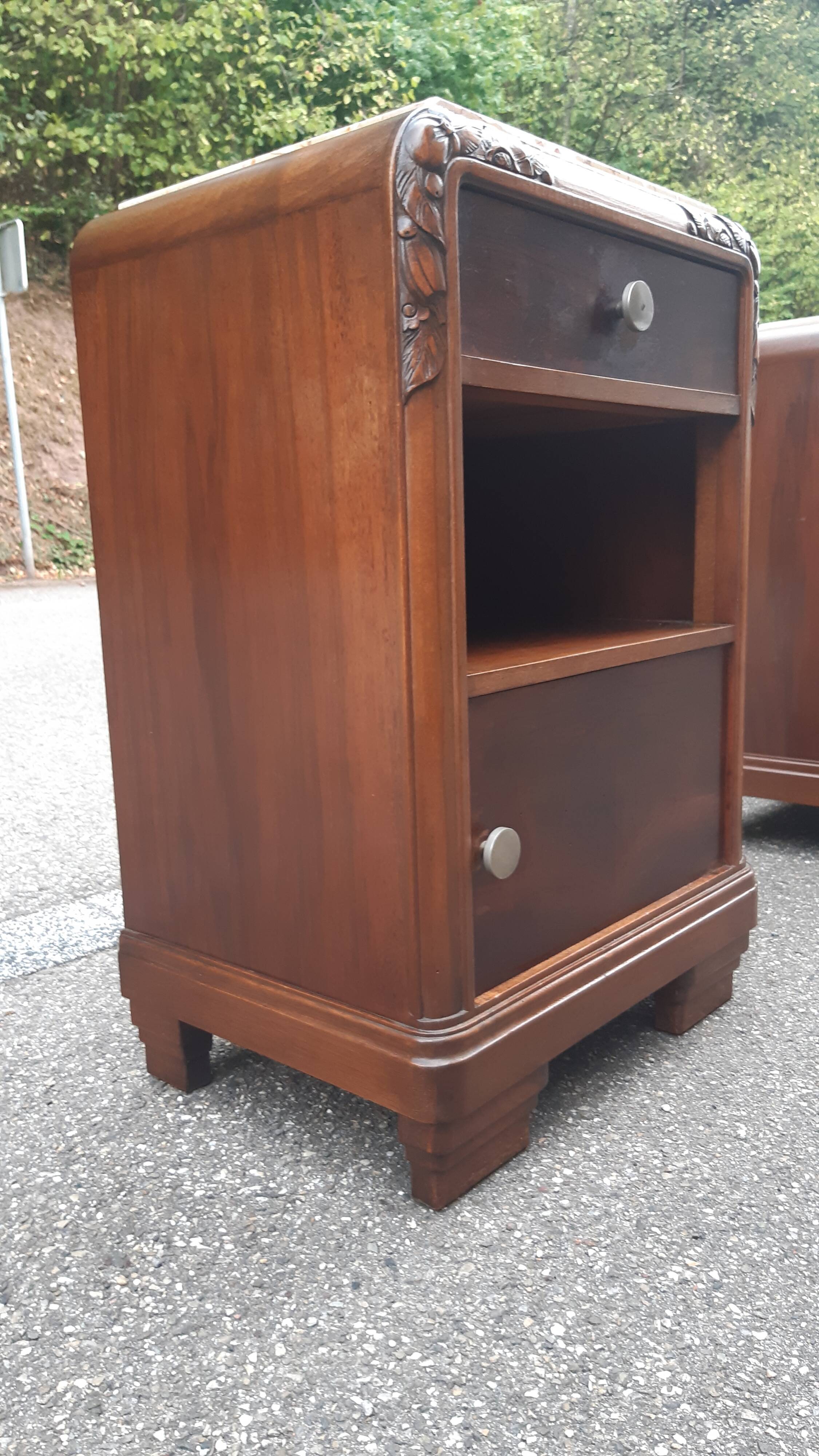 Art Deco bedside tables carved wood and marble 1930