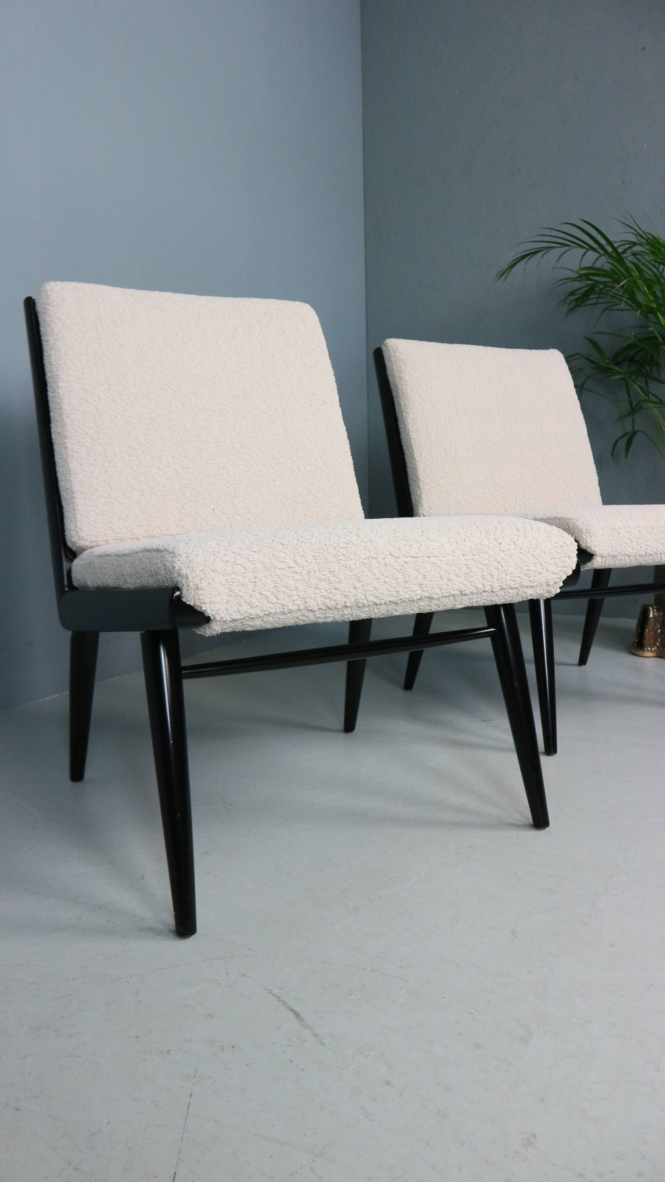 2x 'boomerang' h. mitzlaff, e. schmidt for soloform, bouclé lounge chairs, 1953