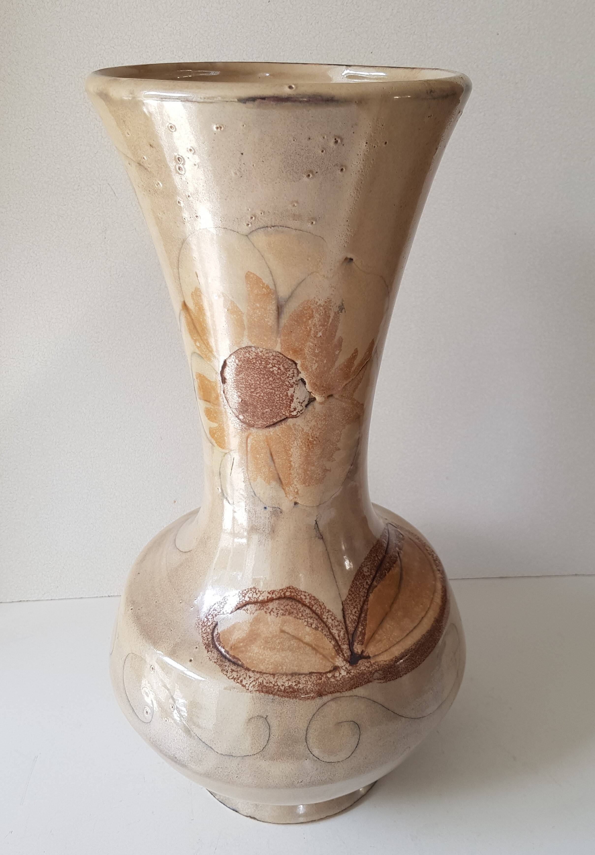 Large ceramic vase with floral motif - Signed La roue Vallauris - H 38 cm