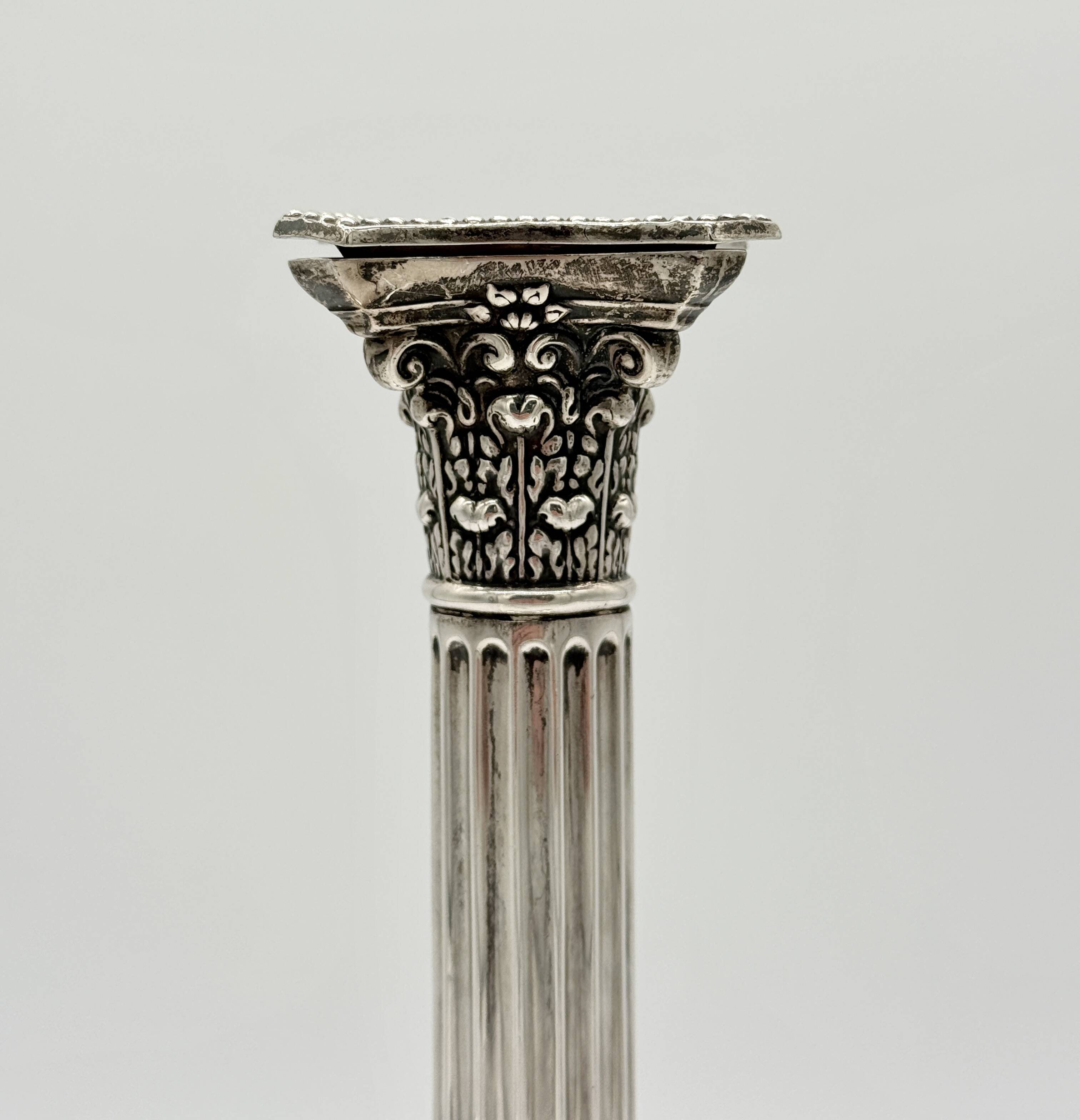 Pair of Victorian Sterling Silver Corinthian Column Candlesticks