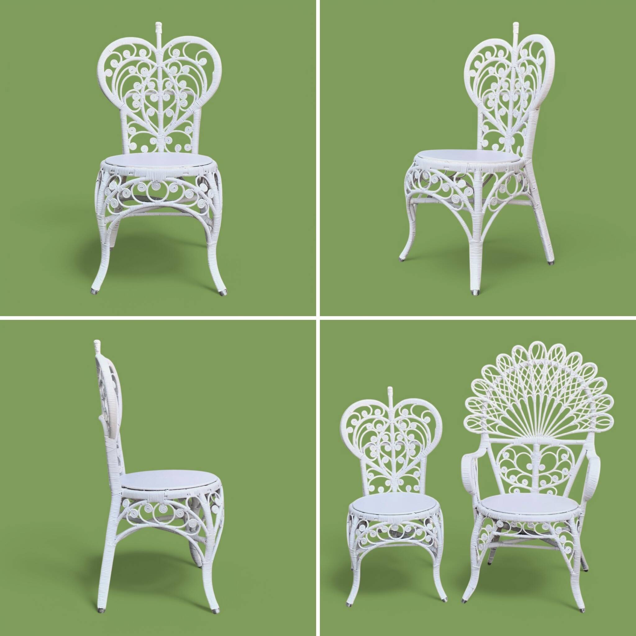 Peacock armchair and chair in white rattan, 1970