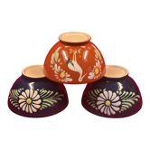 Set of 3 glazed ceramic bowls alsace blue and sienna decoration flowers & stork