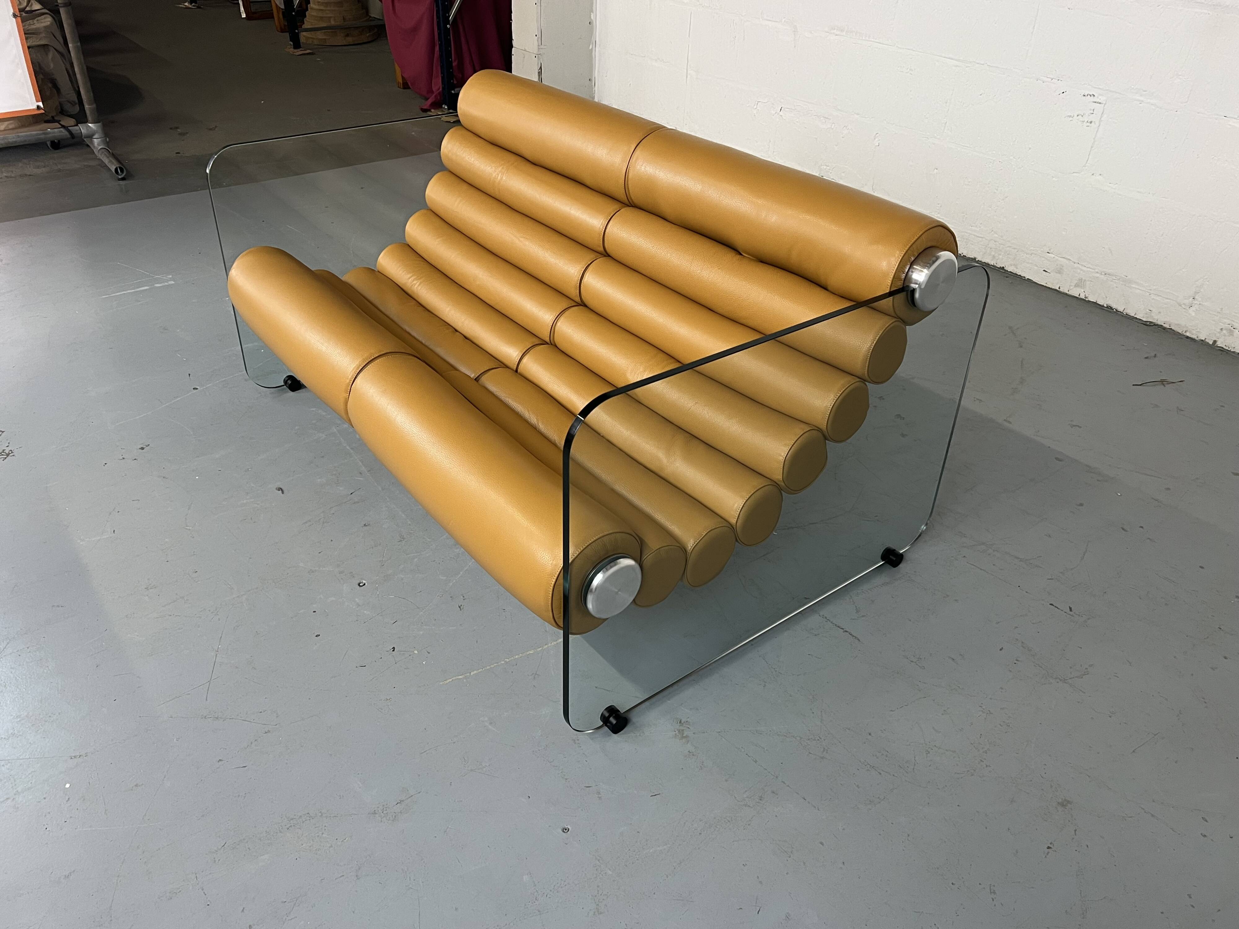 Hyaline leather and glass sofa by Fabio Lenci for Comfortline Italy 1960s