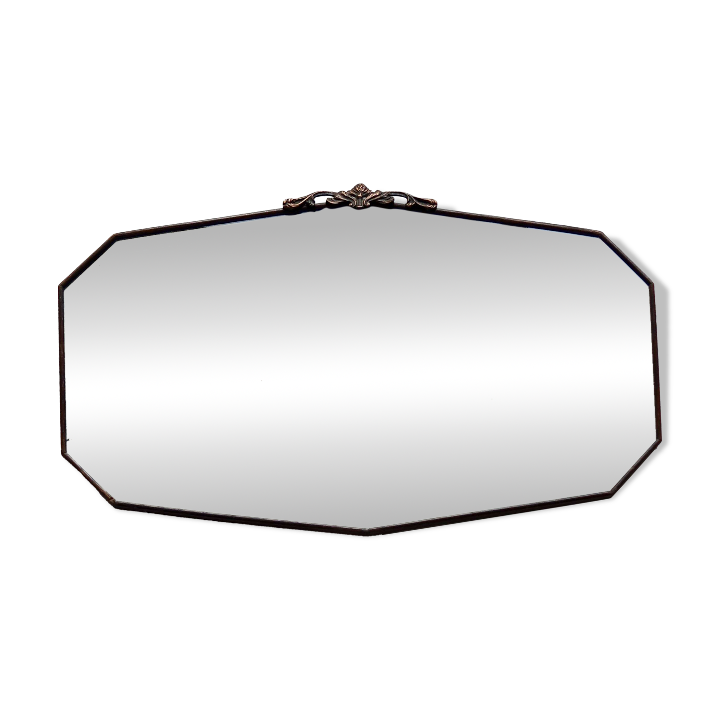 Large antique beveled mirror – dark wood and decorative bronzed metal knot