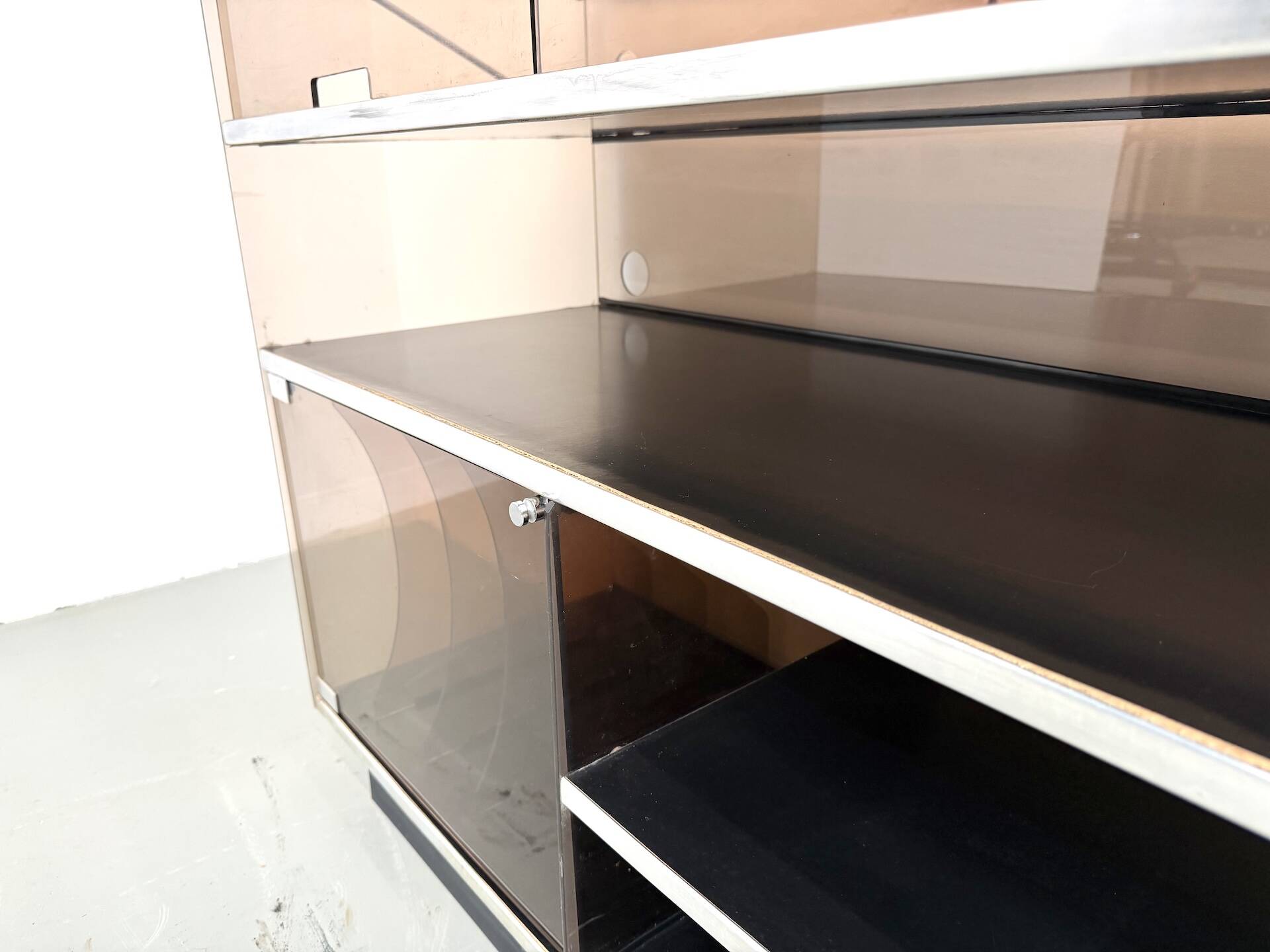 Hi-Fi furniture in smoked plexiglass and aluminium, Eric Maville