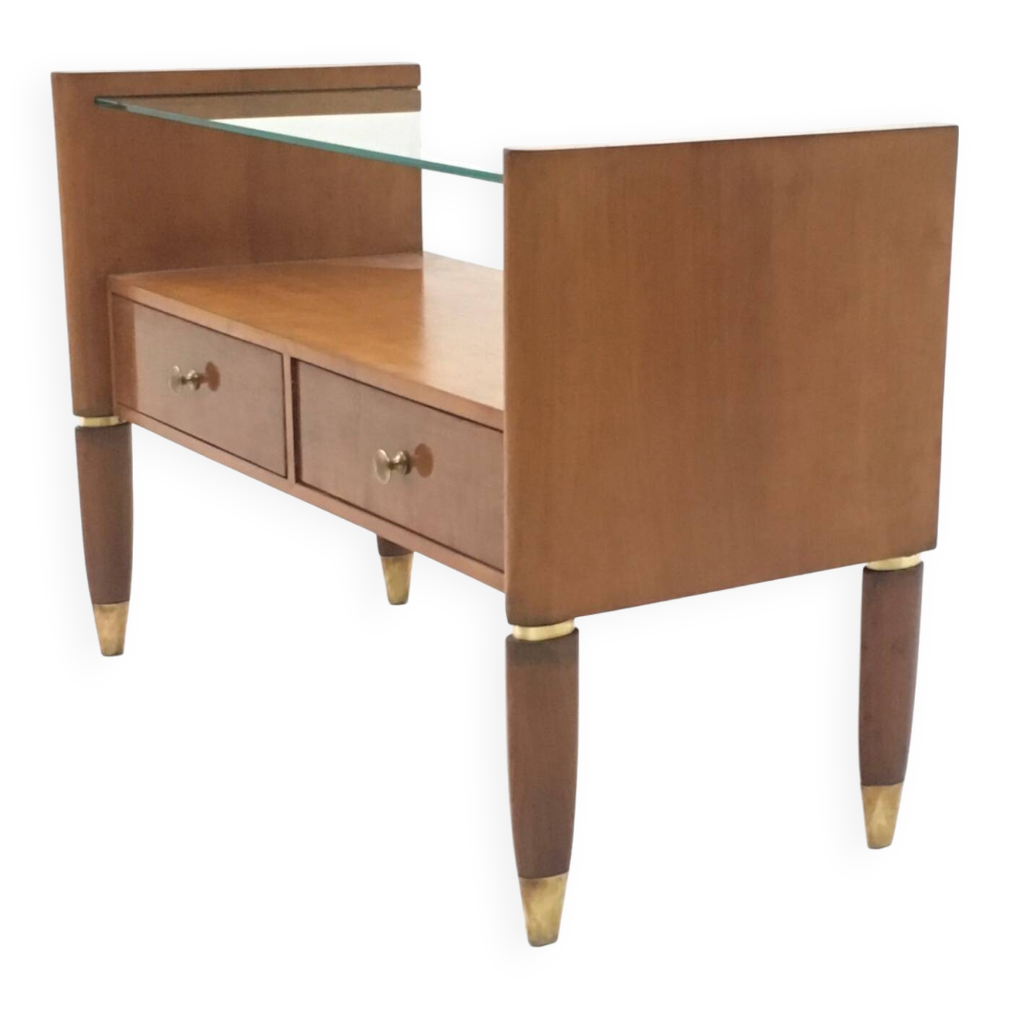 Vintage Walnut Nightstand / Divider with a Glass Top and Brass Details, Italy