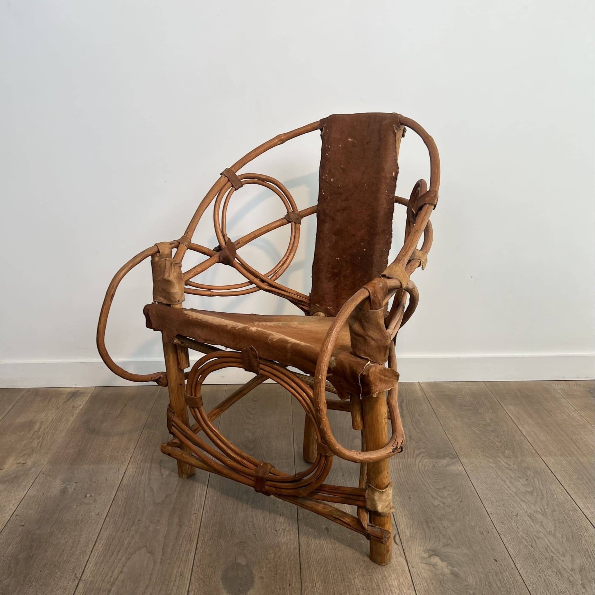 Organic Modernist Armchair in Rattan and Cowhide, Italian Work, A