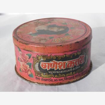 Indian round metal advertising box Ganesh Katari India
