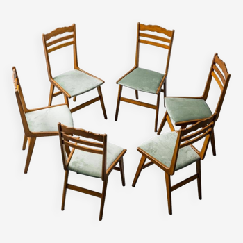 Set 6 sedie en legno velluto verde anni '60 modernariato vintage