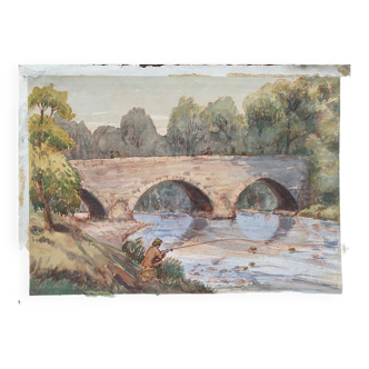 Watercolor painting "the fisherman, lively river landscape"