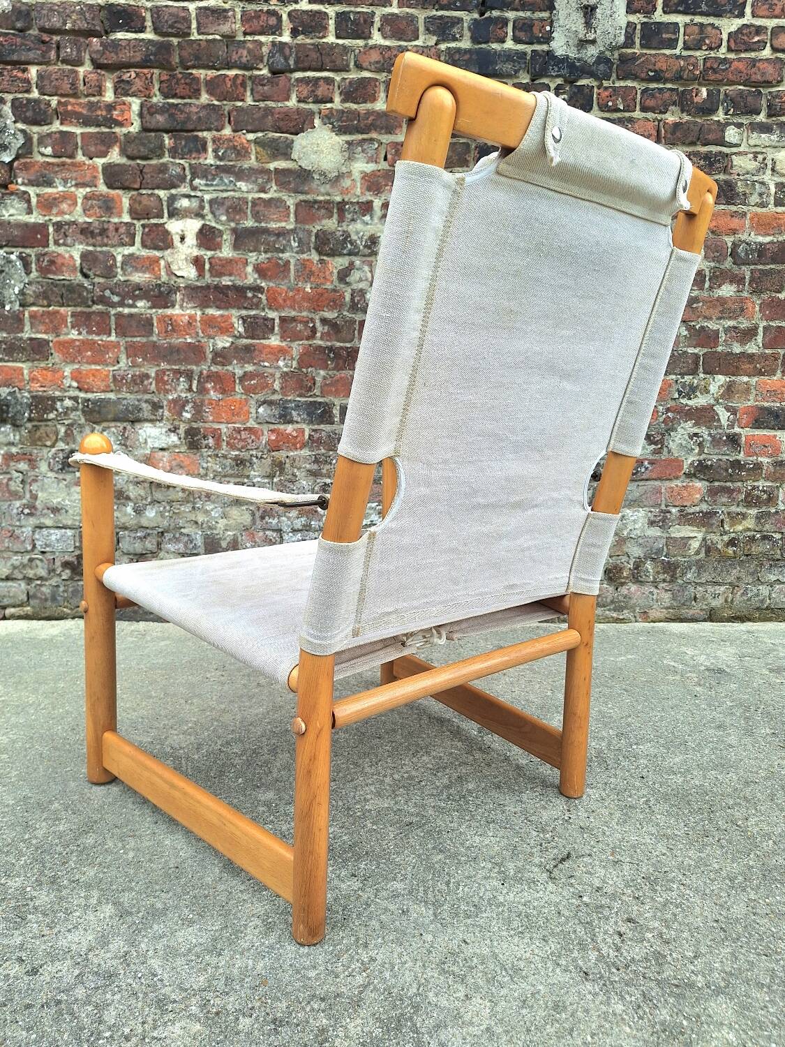Vintage safari armchair, antique elm and linen seat furniture