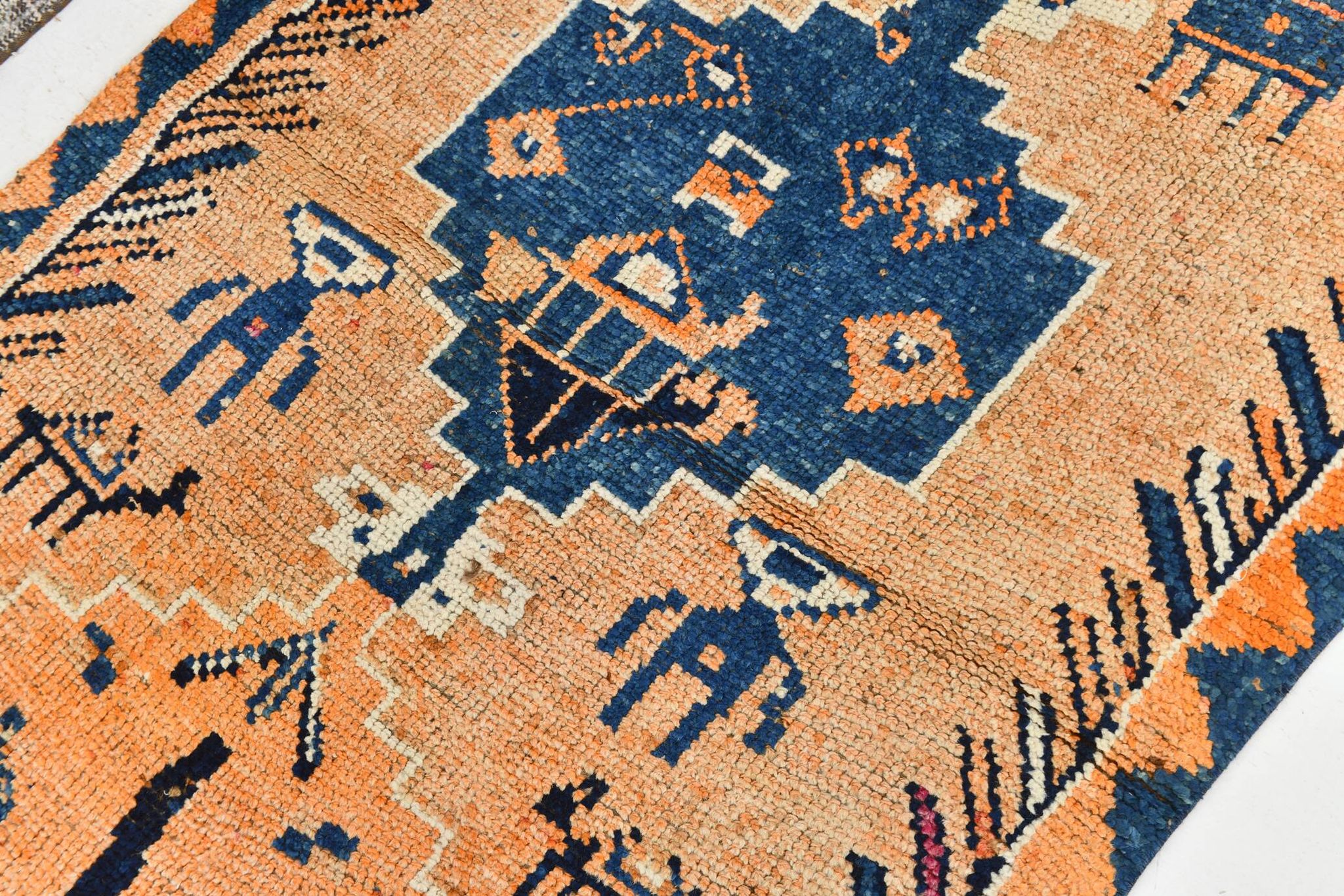 4x11 Faded Orange Navy Blue Turkish Orientel Runner Rug, 105x339Cm SK 23509