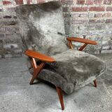 Vintage Scandinavian armchair 50'S in dyed beech and plush fabrics