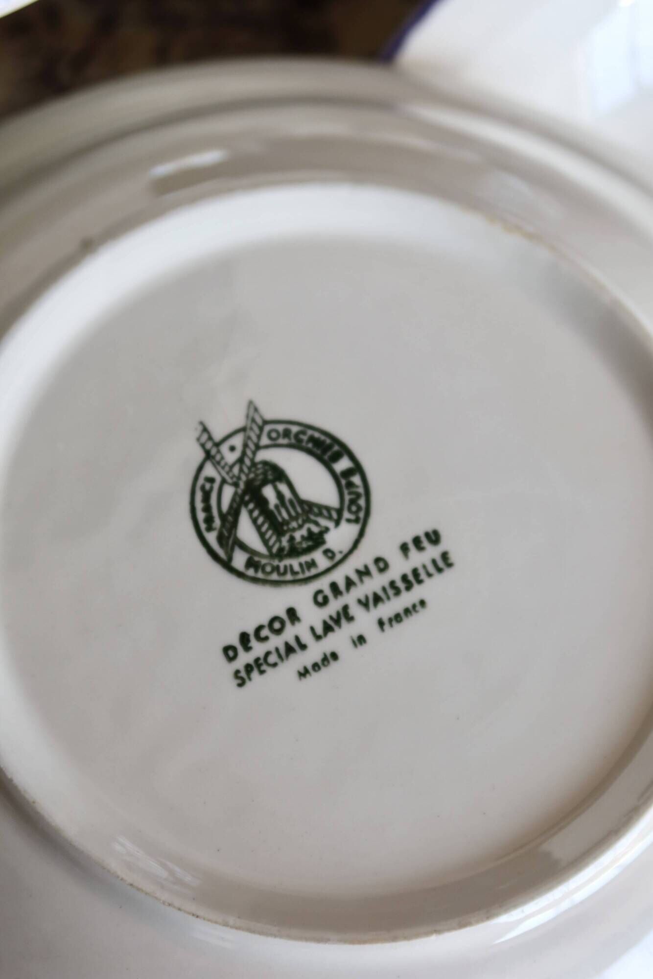 6 vintage porcelain Moulin des Loups soup plates with lilac floral pattern