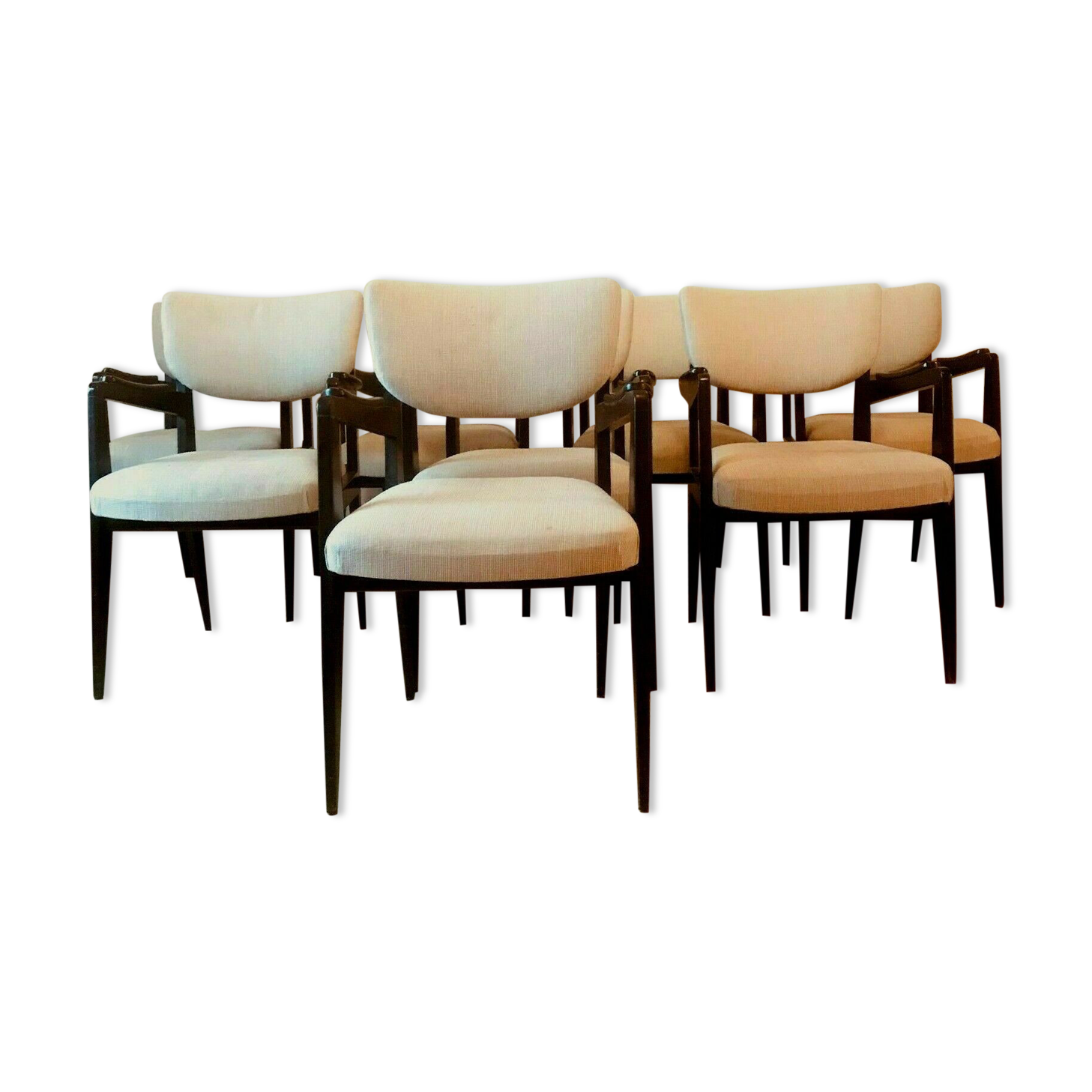 Suite of eight design chairs from the 60s in 10th century blackened wood