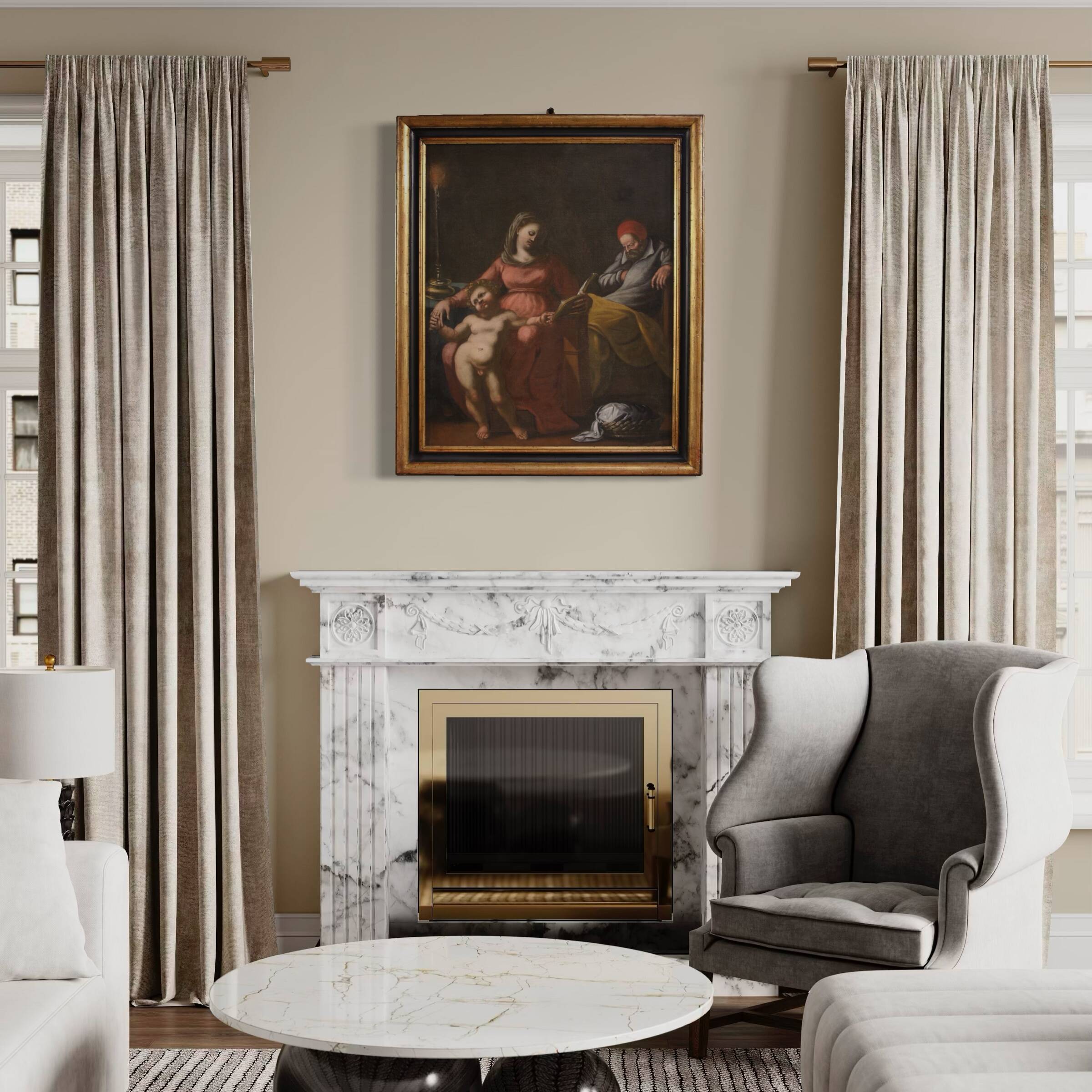 Peinture italienne antique du 17ème siècle, Sainte Famille.