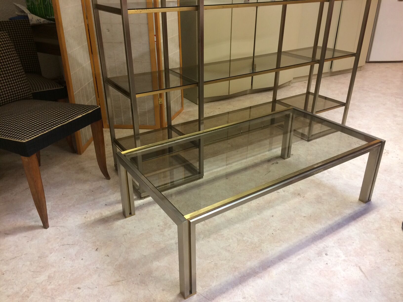 Coffee table with square tubular structure and smoked glass - 1970