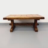 Vintage Brutalist Rustic Rectangular Coffee Table in Solid Oak and Ceramic from the 60s 70s