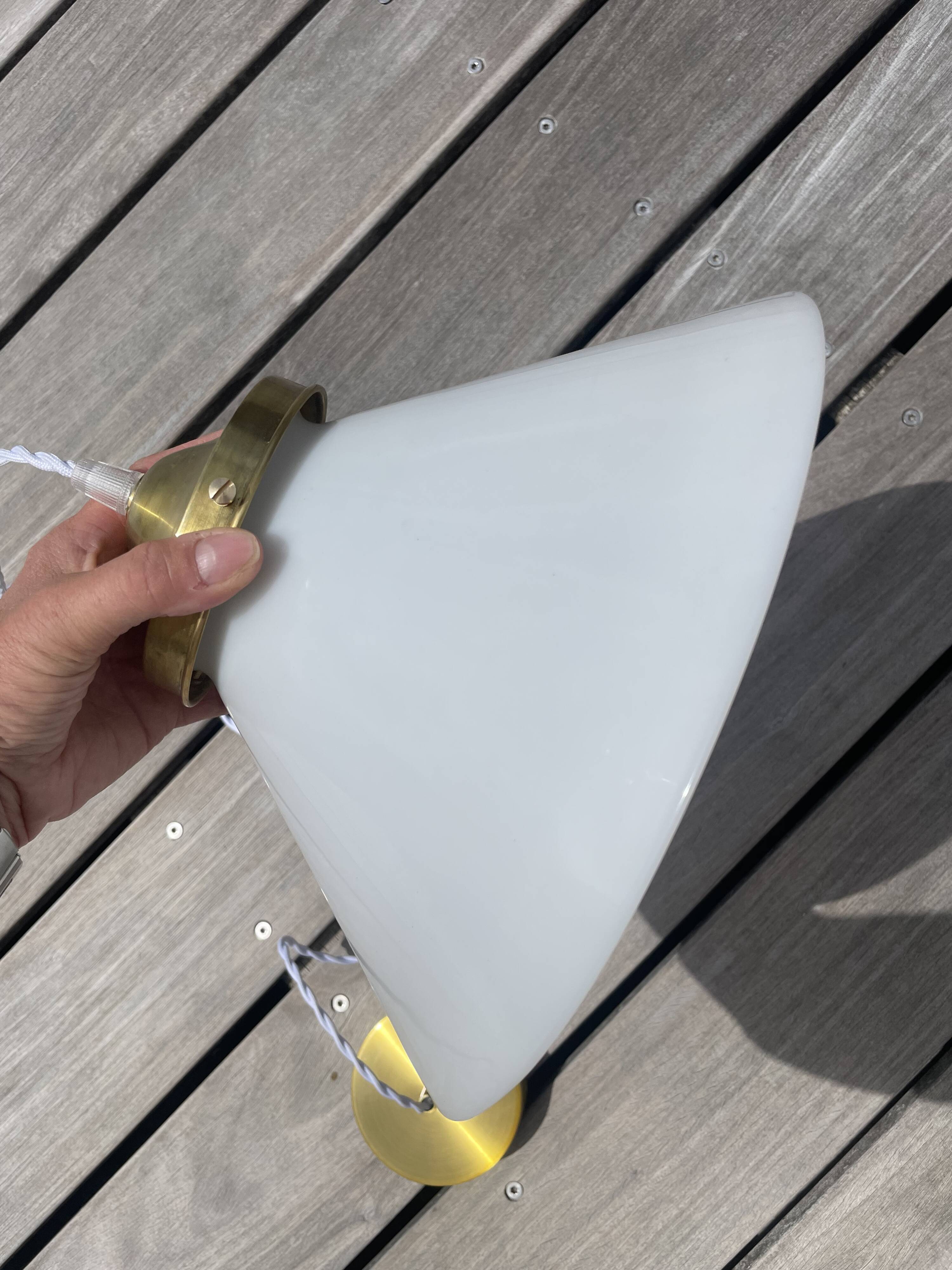 Vintage globe pendant light in smooth white opaline and gold metal